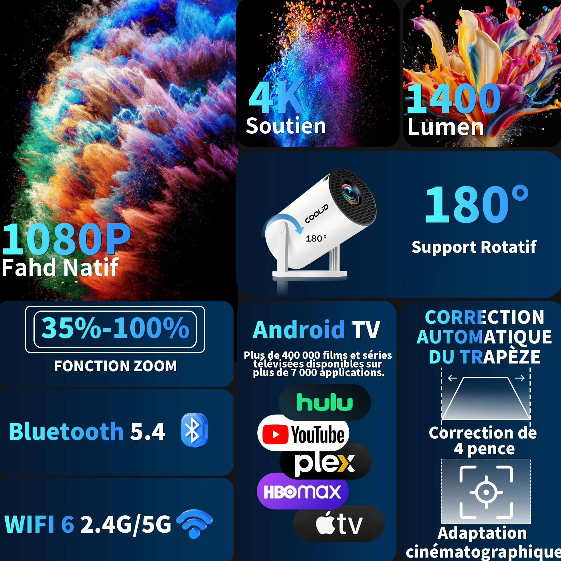 Mini projektor wideo 1080P z WiFi 6 BT 5.4, przenośny projektor 4K z telewizorem Android TV, obsługiwany projektor wideo do automatycznej korekcji trapezowej, obrót o 270°, z myszą, biały