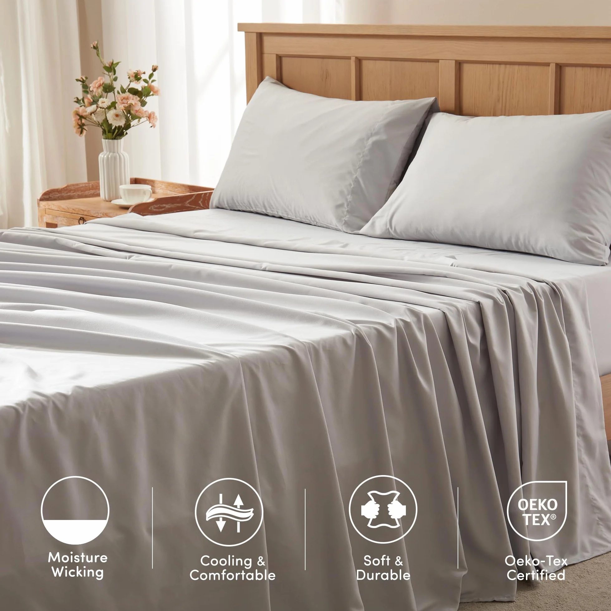 Comfort Spaces Coolmax zestaw prześcieradeł odprowadzających wilgoć, miękkie, odporne na blaknięcie, wszystkie elastyczne, głębokie kieszenie pasują do materaca do 40 cm, prześcieradła chłodzące na