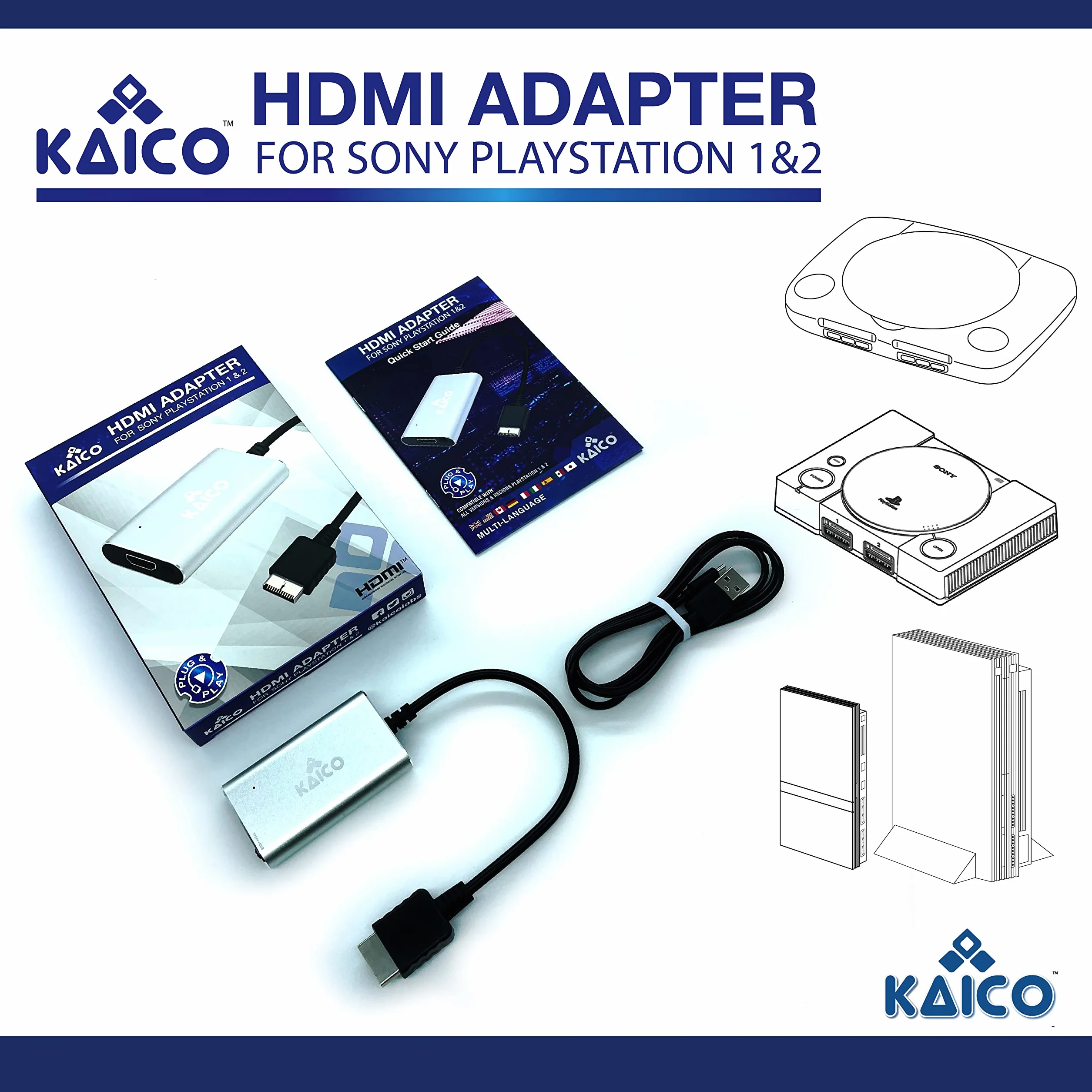 Kaico PS1 HDMI Adapter/PS2 HDMI Adapter compatible with all Sony Playstation 2 Models- Built in switch to swap between RGB or Component- PS1 & PS2 to HDMI converter for any HDTV