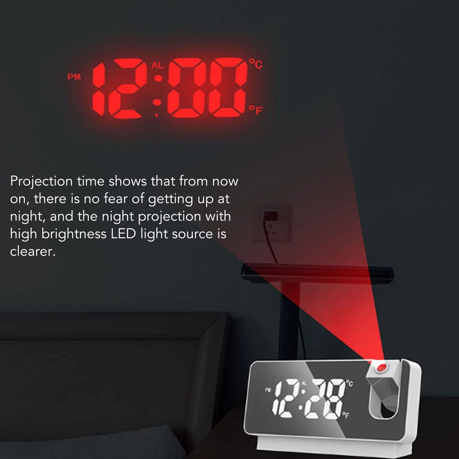 Budzik z projekcją LED do Sypialni, Cyfrowy Zegar z Obracanym o 180° Projektorem, Wyświetlanie Czasu, Daty, Temperatury, Projekcja na ścianie Sufitowej, Port ładowarki USB (Biały)