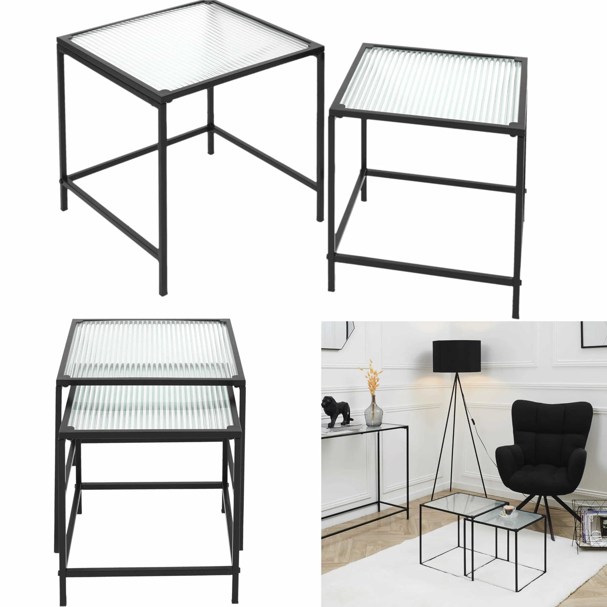 HOME DECO FACTORY HD7195 Stół Gigogne Tekstura X2 Appoint Salon, Metal, Czarny-Szkło, 40x38x40 cm