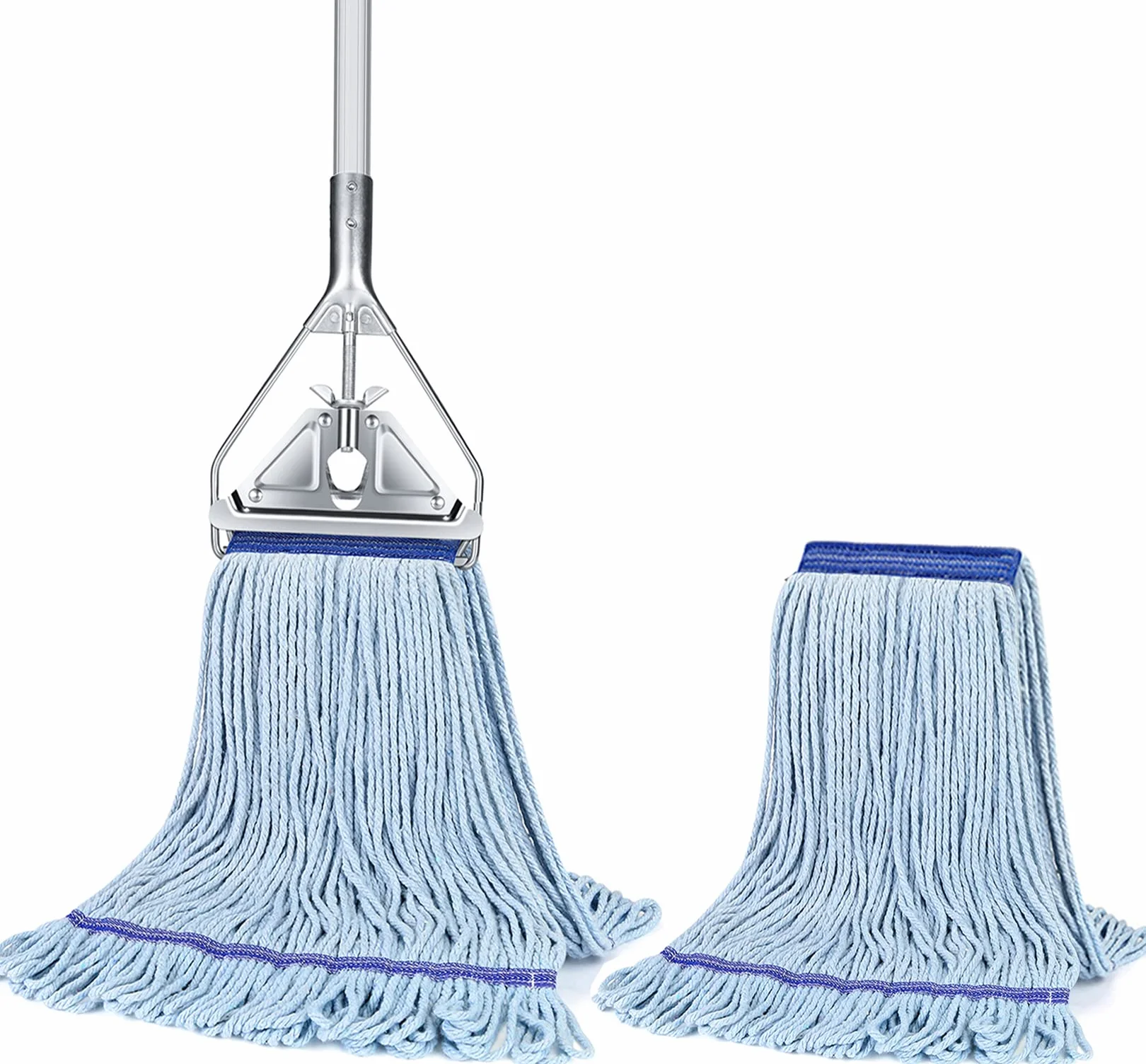 SOBONNE Wytrzymały przemysłowy mop komercyjny z dodatkową wymienną głowicą mopa, uchwyt ze stali nierdzewnej 150 cm, niebieska bawełniana głowica z mikrofibry, czyszczenie podłóg