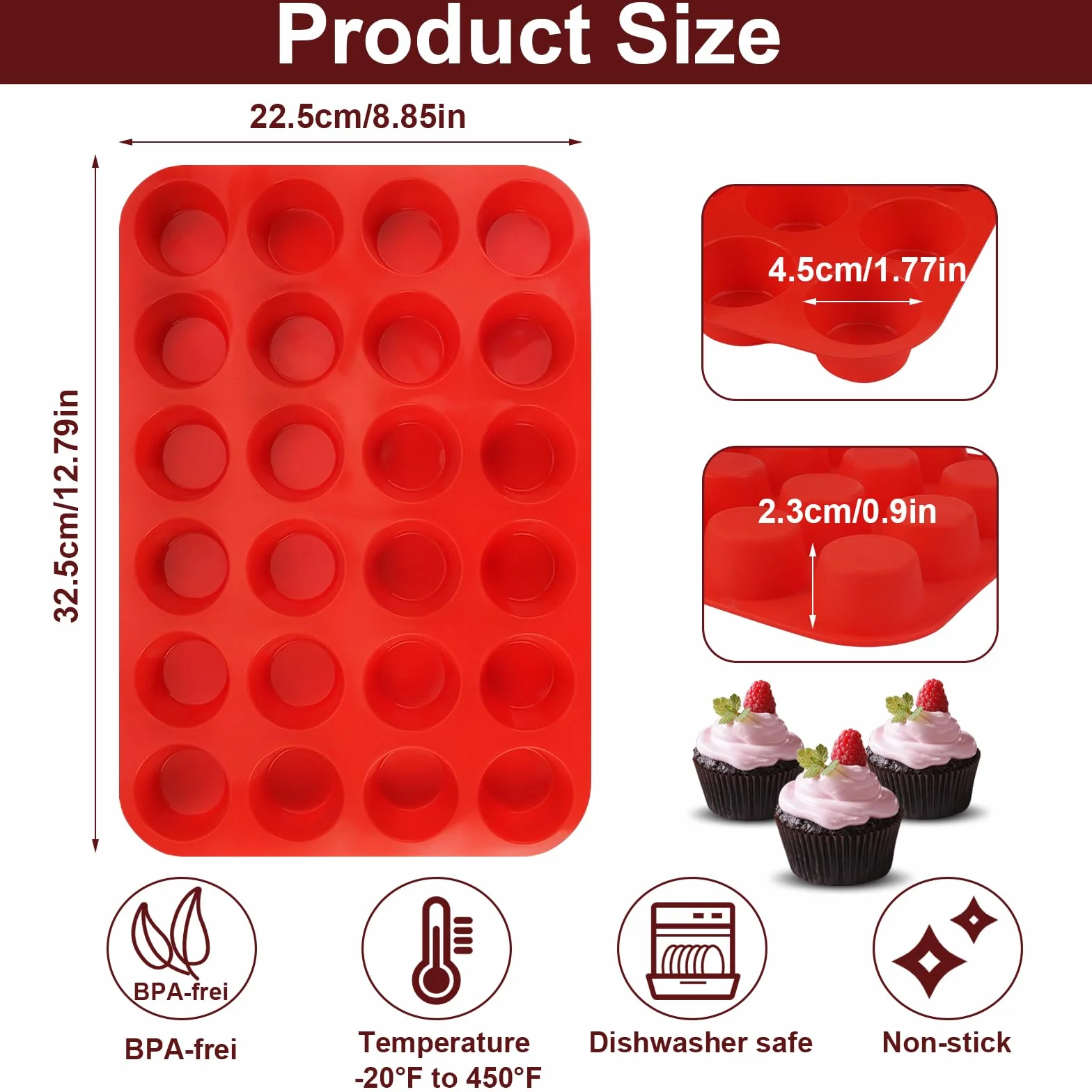 2 sztuki silikonowych mini foremek do muffinek, 24 filiżanki, blacha do muffinek, wielokrotnego użytku, okrągłe foremki do pieczenia muffinek, babeczek, babeczek, babeczek, babeczek, ciast, babeczek