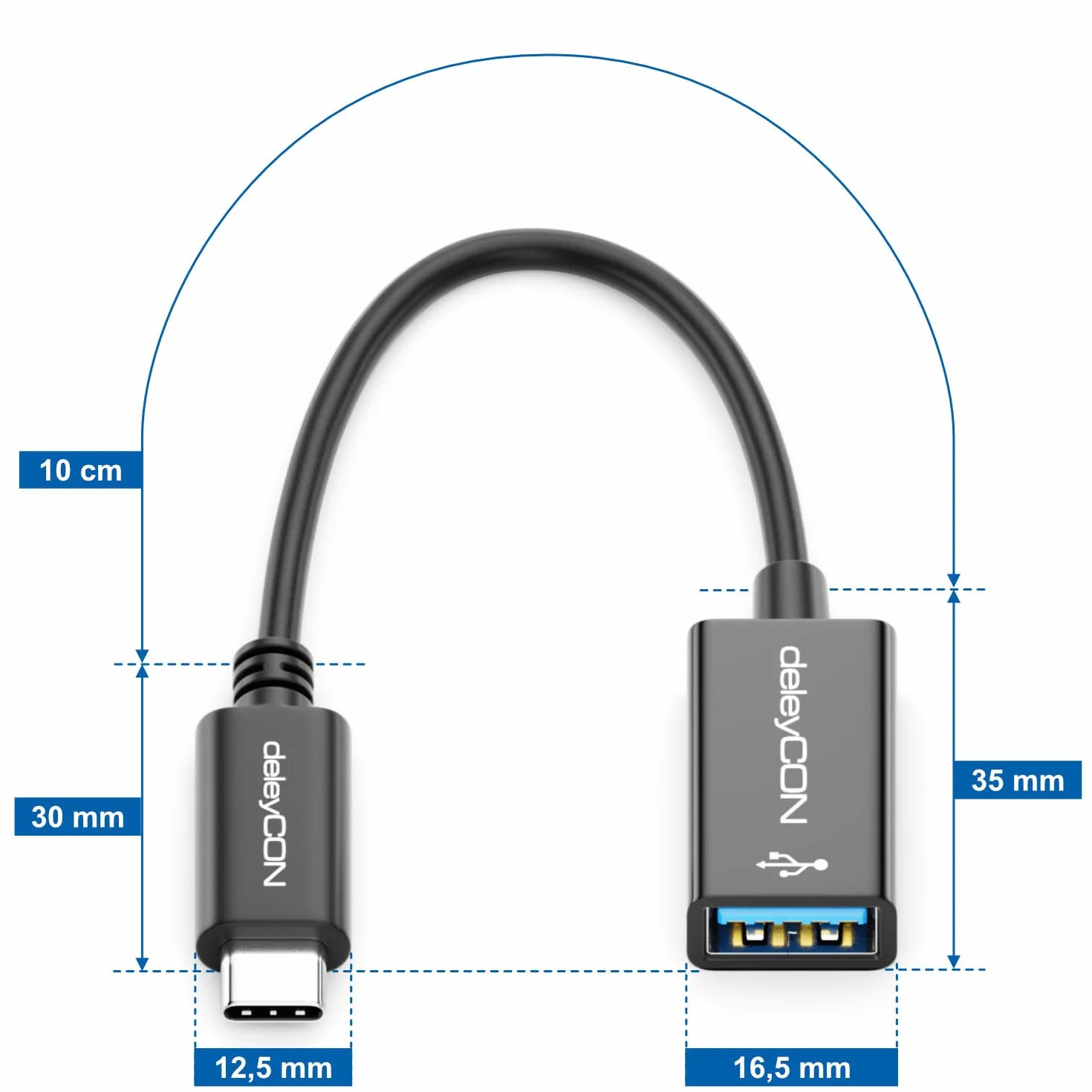 deleyCON USB-C do USB-A Kabel Przejściówka 3.0 OTG - Kompatybilny z Notebookiem Laptopem PC Smartfonem Telefonem Komórkowym iPhone 17 16 15 S25 S24 S23 MacBook iPad Mini iMac - 17cm