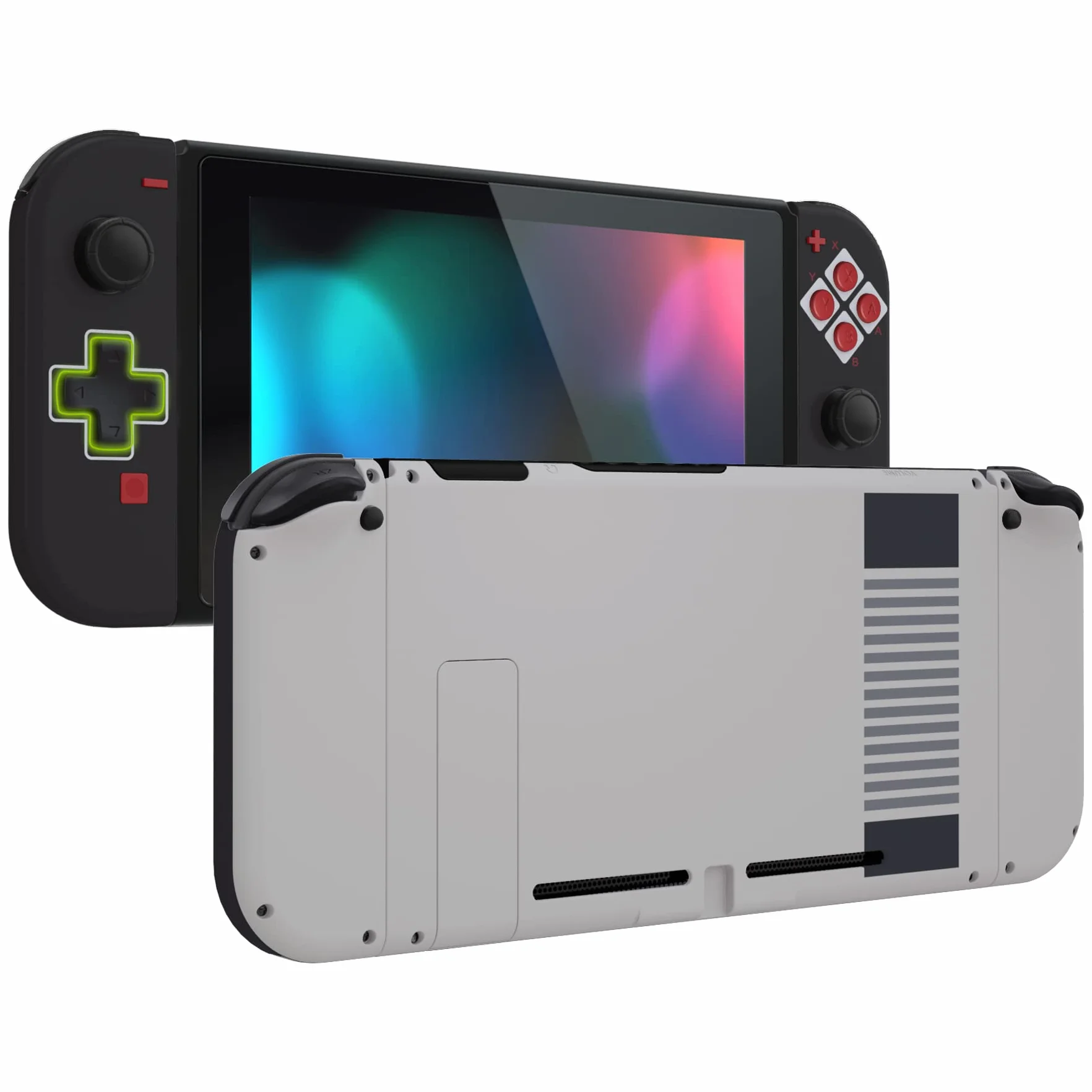 eXtremeRate Dpad Version Custom Full Set Shell dla Nintendo Switch, Wymiana Płyta Tylna Konsoli Soft Touch, Obudowa Kontrolera NS Joycon Handheld & Przyciski dla Nintendo Switch — Klasyka Stylu NES