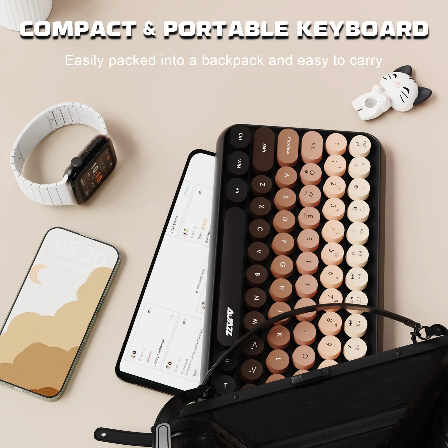 Hoopond X AJAZZ 308i Bezprzewodowa klawiatura Bluetooth,Uroczy Mini 84-klawiszowy kompaktowy układ z magnetyczną lalką kota,Nakładki na klawisze ABS Retro okrągłe do komputerów PC,Laptopy-Brązowy