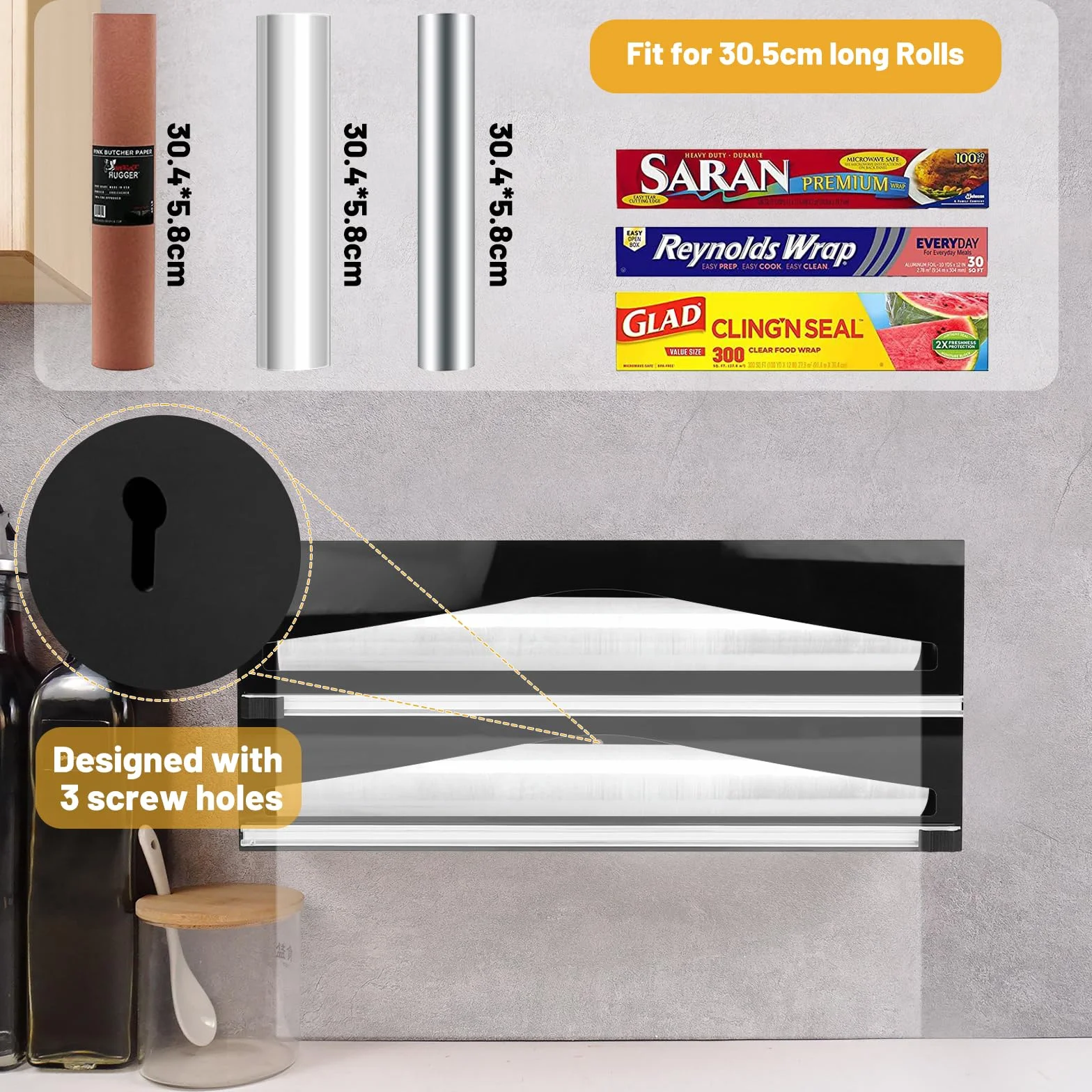DBREAKS Akrylowy dozownik folii spożywczej, czarny dozownik folii spożywczej, aluminiowy organizer papieru, krajalnica do folii spożywczej do szuflady kuchennej