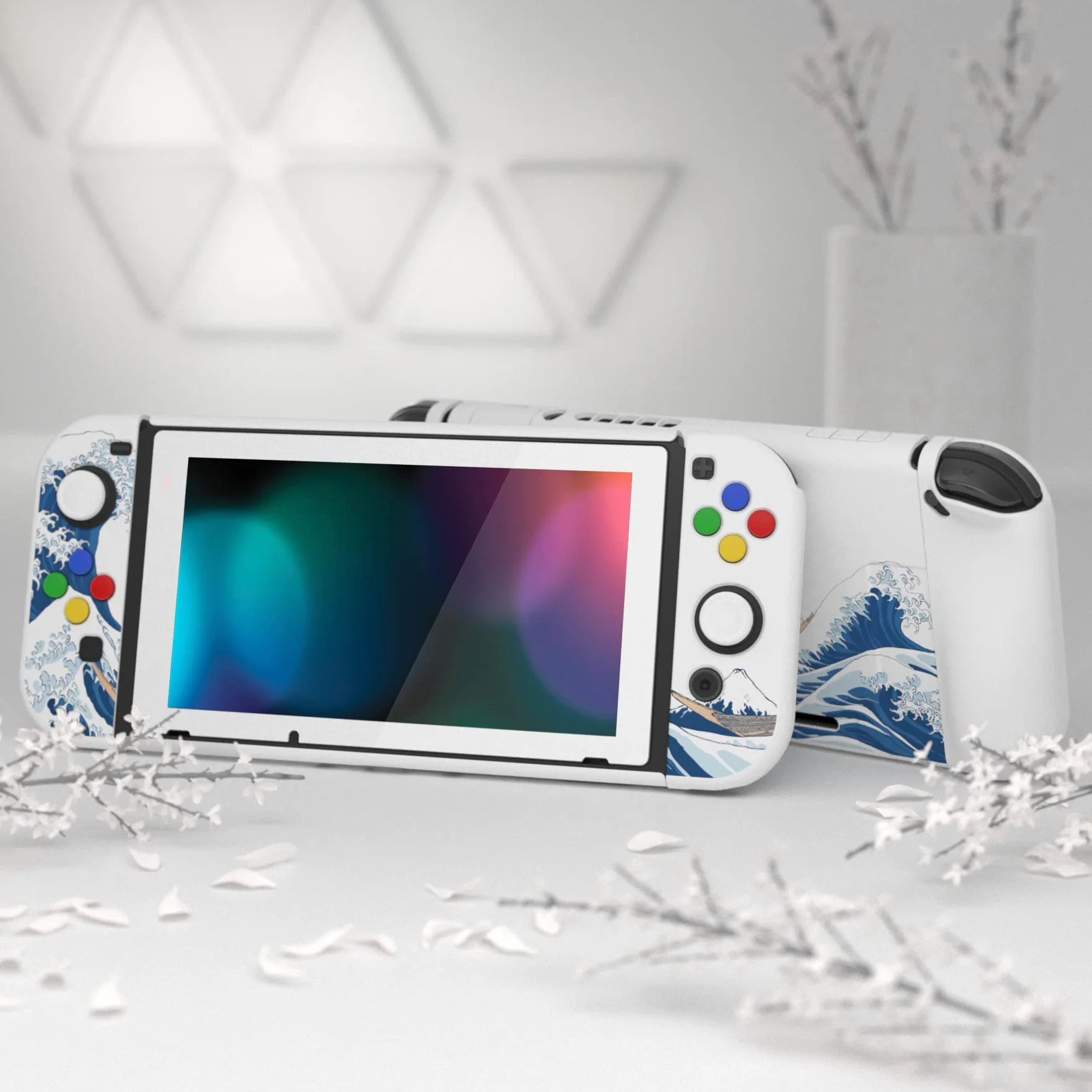 PlayVital Etui Ochronny do Nintendo Switch z Osłoną Ekran,Case Hard Shell do Switch,AlterGrips Ergonomiczna Protective Cover z Kciuka Caps&Caps Przycisków-Wielka Fala Kanagawie