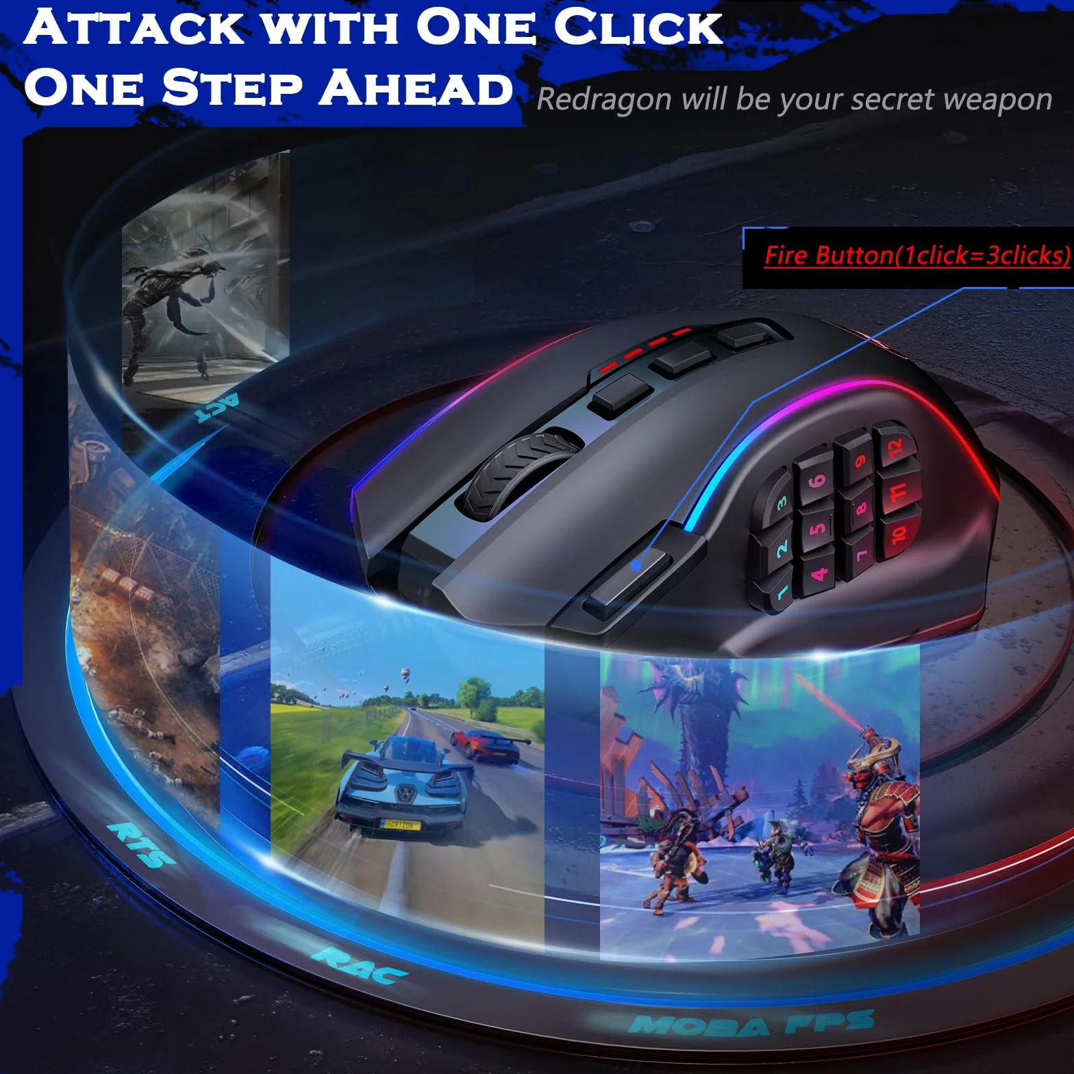 Redragon M901K MMO Gaming Mouse 16,000 DPI, 16 Programmable Buttons, RGB, 8x2.4g Weight Tuning, Black