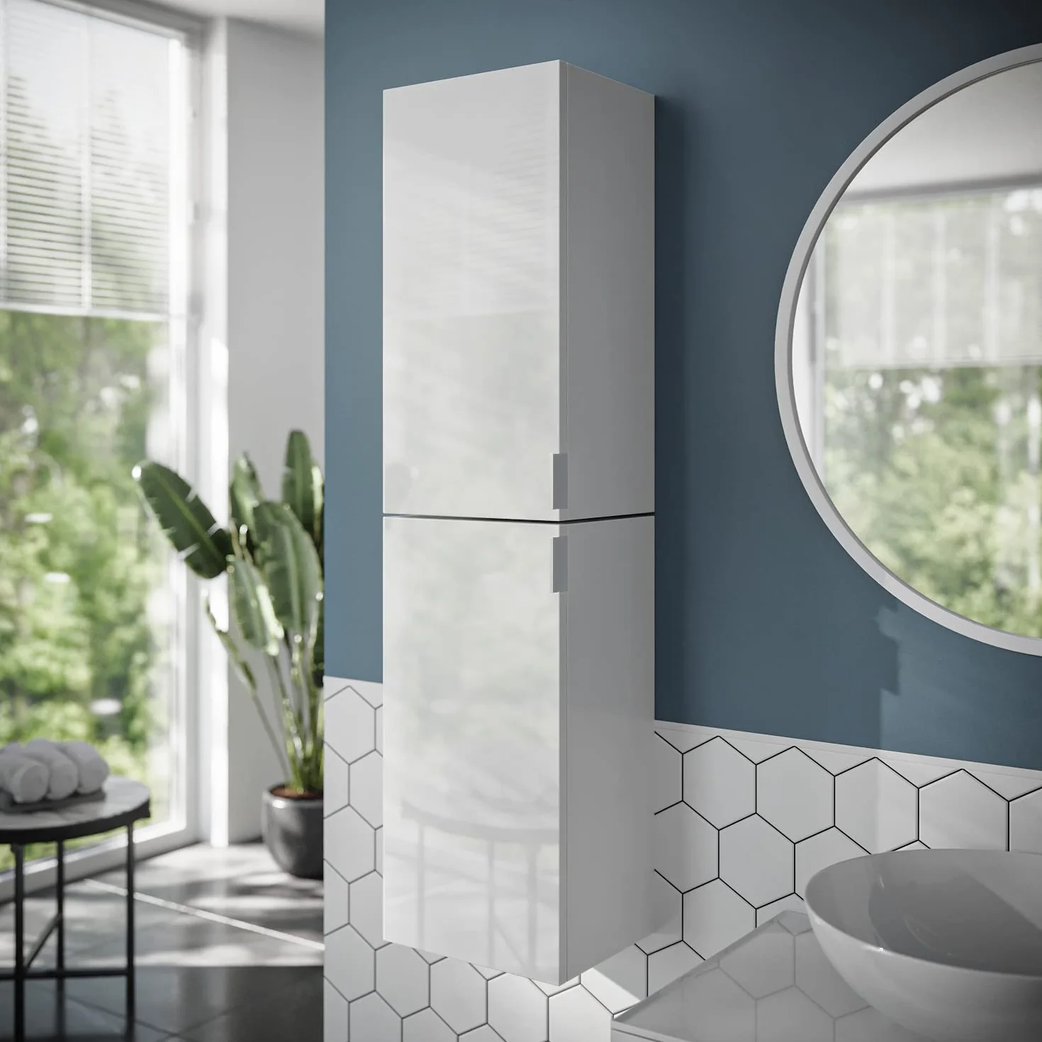 PLATAN ROOM Szafka łazienkowa, wysoka szafka łazienkowa, zestaw 2-częściowy, 60 cm, 90 cm, 120 cm, 150 cm, wisząca szafka łazienkowa z miękkim domykaniem, do łazienki, matowa – biała o wysokim