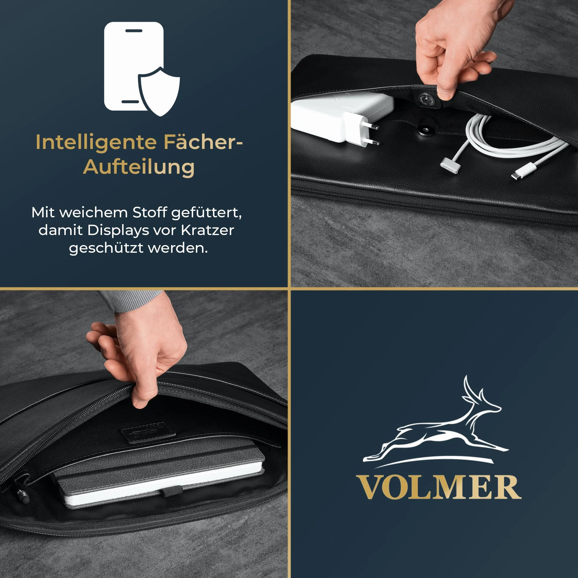 Fa.Volmer ® Etui na laptopa 13,3/15,6 cala ze szlachetnej skóry – brązowe/czarne – z metalowym zamkiem błyskawicznym – wyściełane – do MacBook, Microsoft Surface i wielu innych