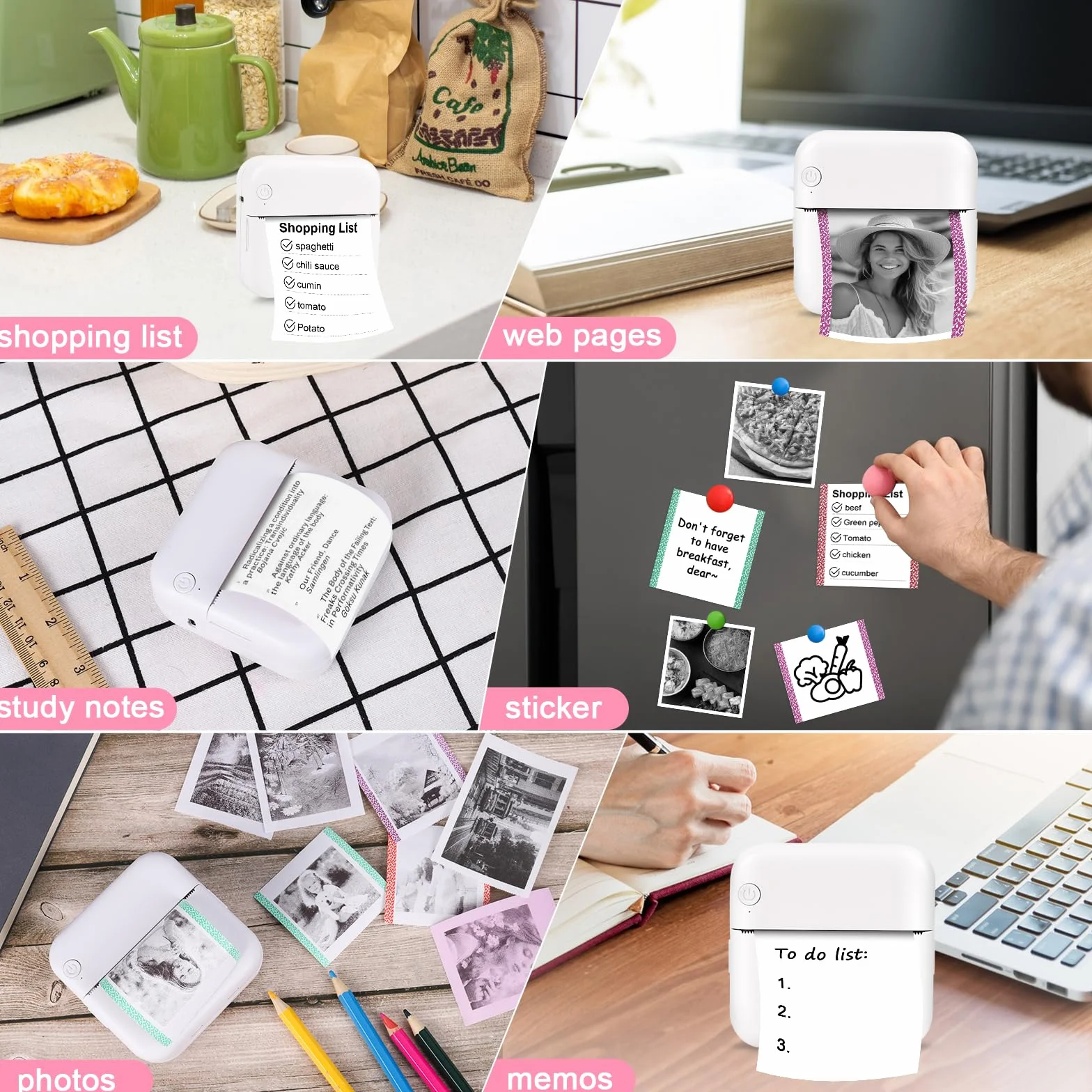 GuKKK Mini drukarka, mobilna drukarka fotograficzna, przenośna mini drukarka fotograficzna, bezprzewodowa drukarka fotograficzna, drukarka Bluetooth, pomoc w nauce, notatki, dziennik, notatki