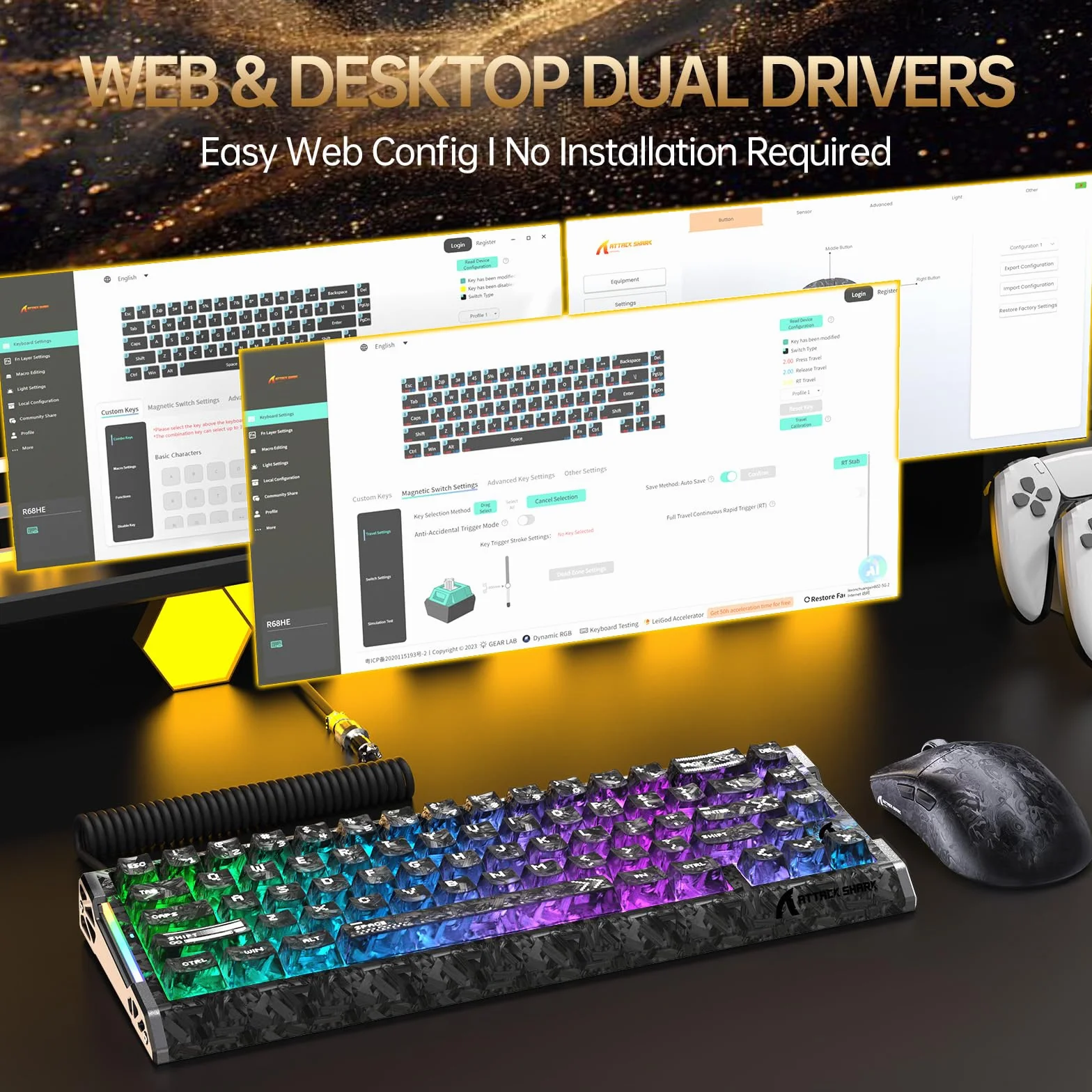 ATTACK SHARK R68 HE Zestawy Składające Się z Przewodowej Klawiatury Magnetycznej i Bezprzewodowej Myszy Gamingowej R11 ULTRA z Włókna Węglowego, 8000Hz Rapid Trigger, Mysz 49g, 42000DPI, Ink Shade