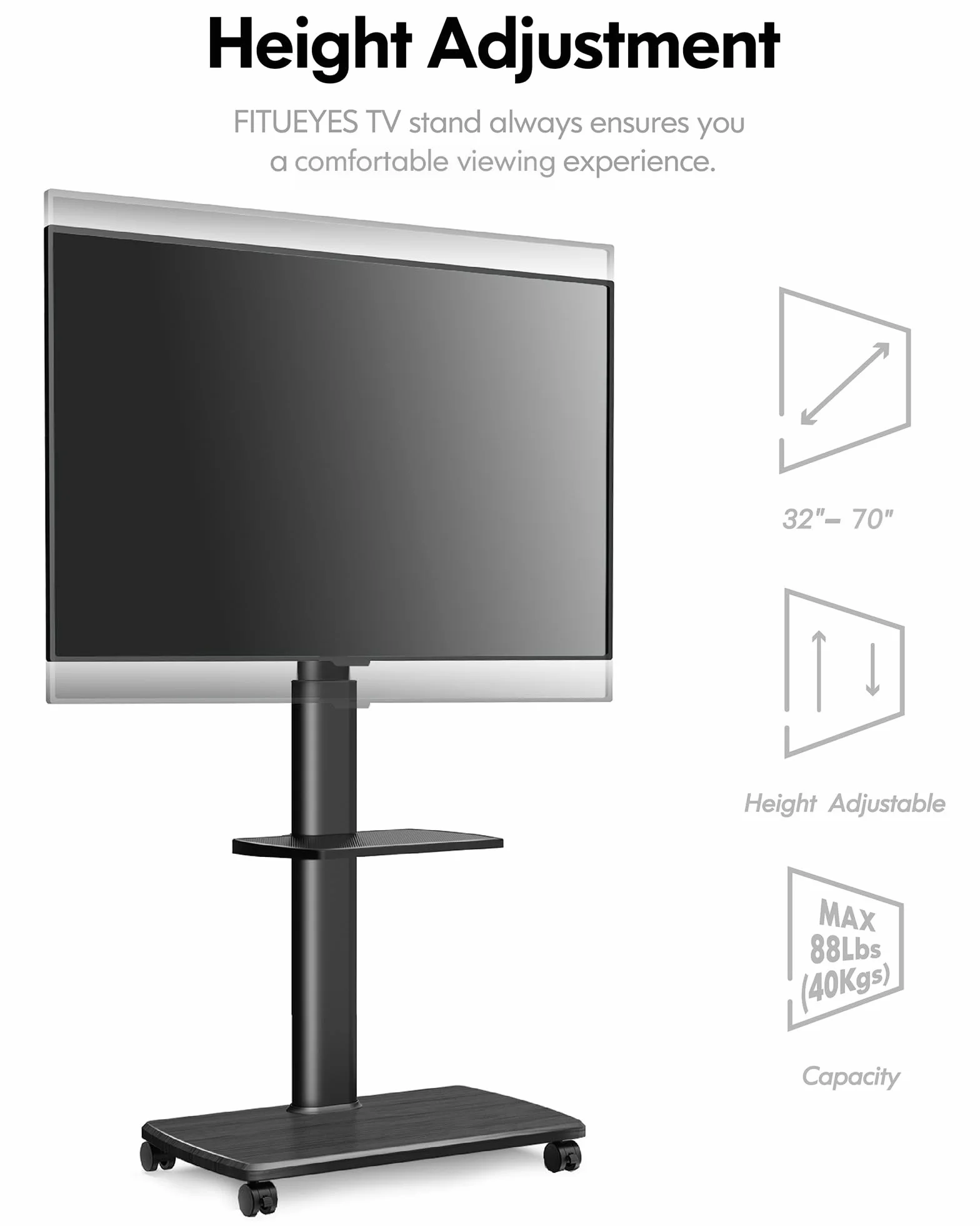 FITUEYES Mobilny stojak na telewizor na kółkach z drewnianą podstawą, do telewizora 32–70 cali, obrót o 60° i 6 wysokości, wysoki stojak na telewizor z półką, maks. VESA 600 x 400 mm, nośność 40 kg
