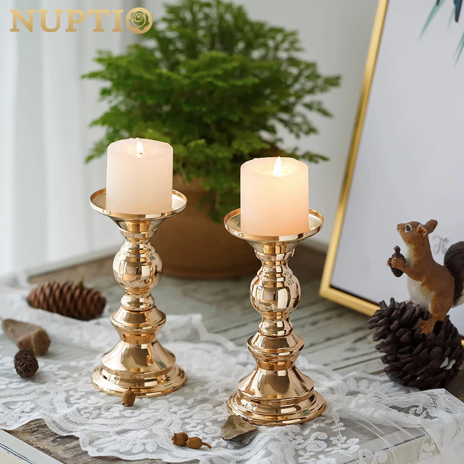 Nuptio zestaw 2 metalowych świeczników w kolorze złotym, ślubne świeczniki, 50 mm, stojak, idealna dekoracja na wesela, specjalne okazje, imprezy, świecznik świąteczny