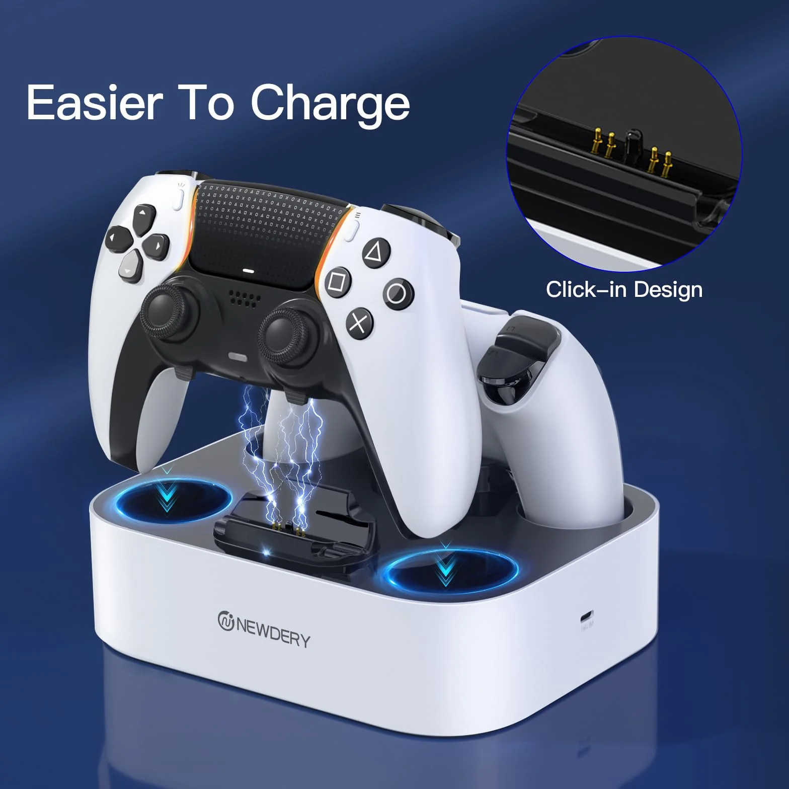 NEWDERY PS5 Kontroler Stacja ładująca Stacja ładująca Szybka ładowarka Kontrolery PlayStadion 5 Podwójny czujnik z diodami LED/Szybkie ładowanie/Ładowarka z potrójną ochroną