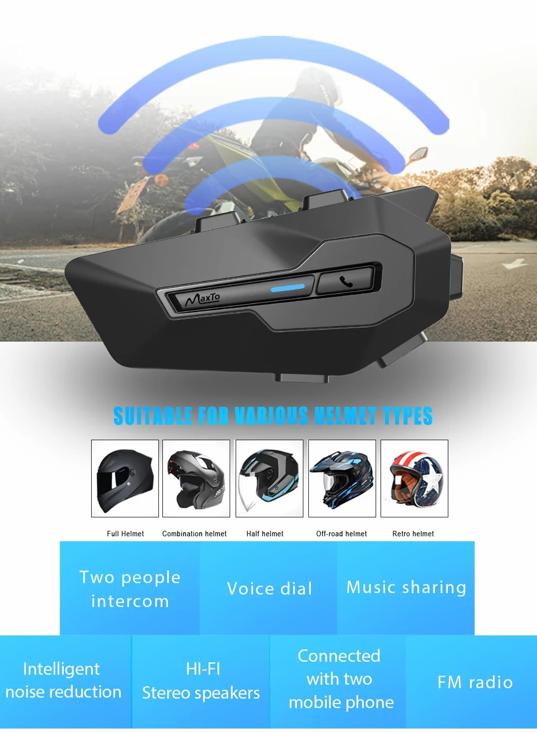 MAXTO Helmet Communication Systems, MX2 2-Riders 800 m Motorcycle Bluetooth Headset with Music Sharing, HiFi Stereo Sound/IPX6 Waterproof / FM Radio, kask motocyklowy