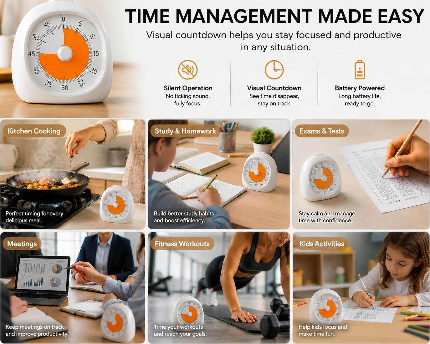 WD&CD 60-minutowy wizualny timer dla uczniów i dorosłych, cichy minutnik, do klasy, kuchni, nauki, narzędzia do zarządzania czasem, biały