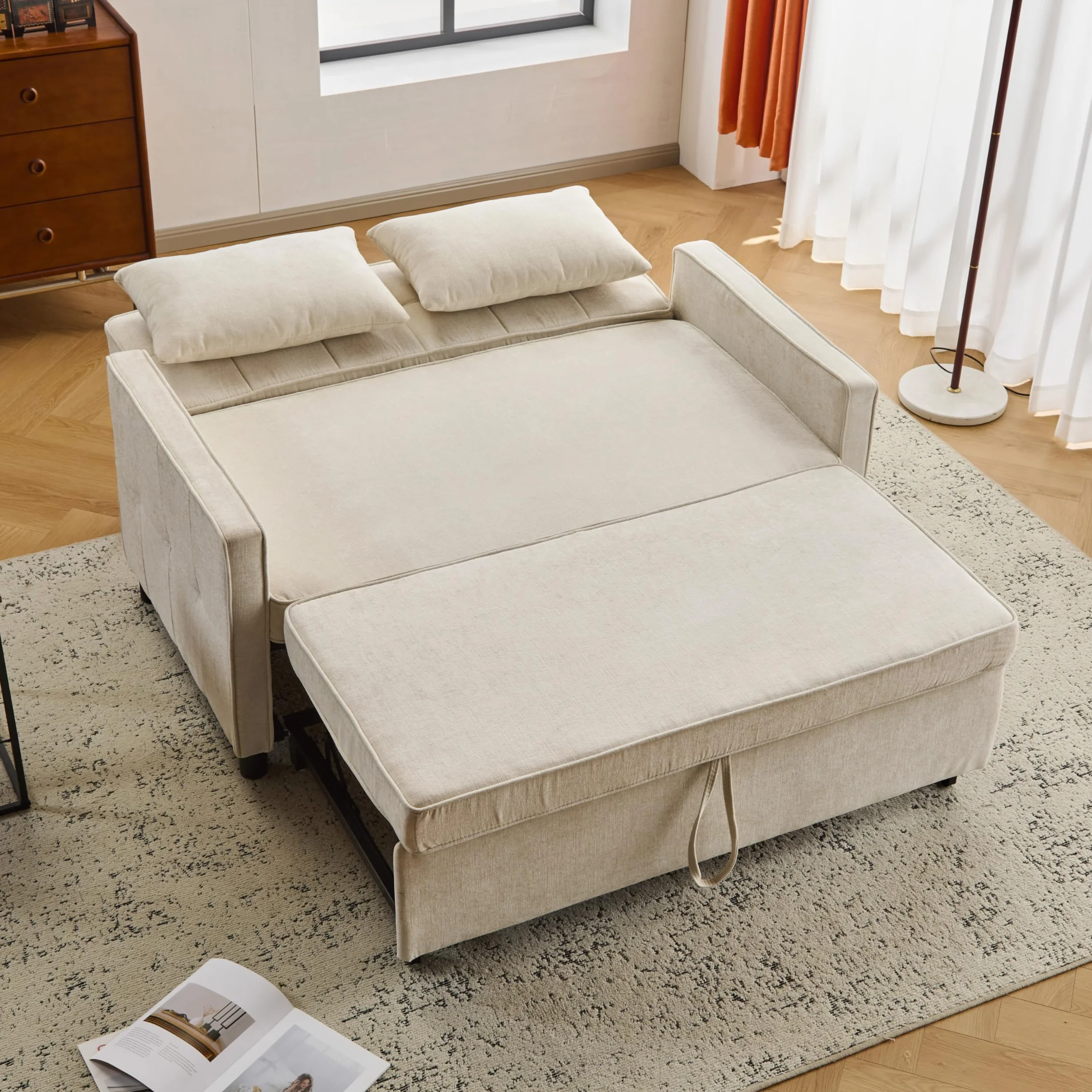 Sofa z funkcją spania 3 w 1 142x79x85 cm beżowa 2-osobowa z regulowanym oparciem