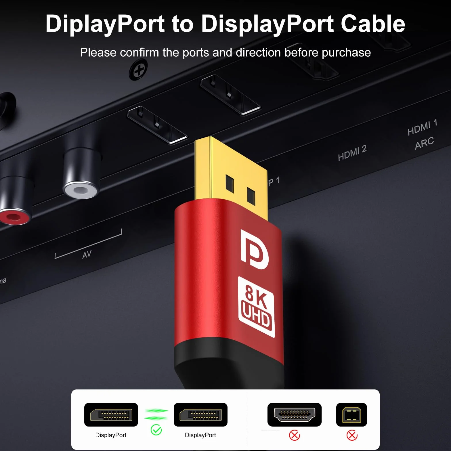 Kabel wyświetlacza 8K 1,4 [certyfikat VESA] Kabel DP 1 m (8K@60 Hz, 4K@144 Hz, 2K@240 Hz, 32,4 Gb/s), do laptopa TV Gaming Monitor (czerwony)