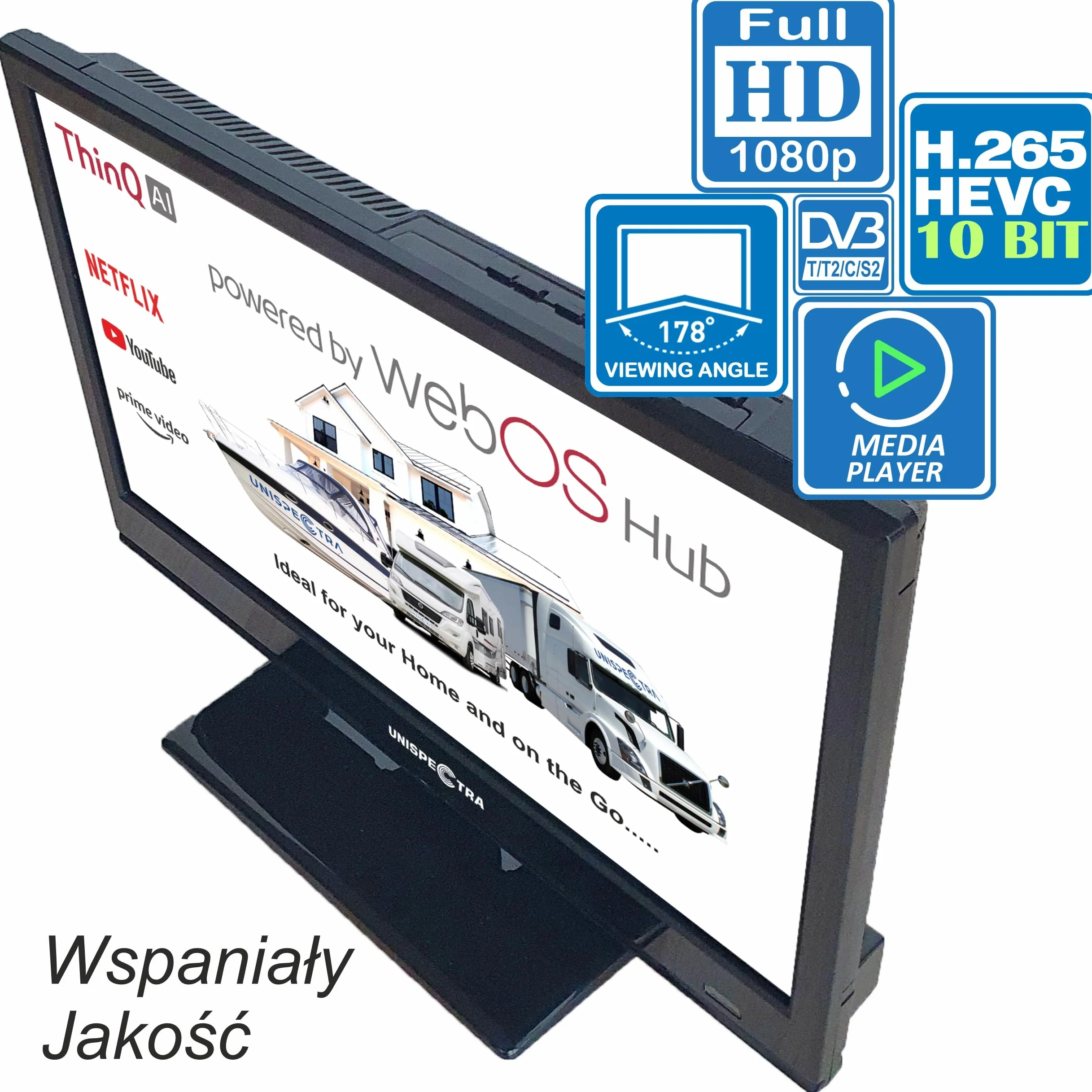 Unispectra ® 16” Smart TV (webOS) Full HD 230V 12V 24V potrójny tuner, 3x HDMI, 2x USB, pilot Magic. Telewizor 12 V do samochodów kempingowych, przyczep kempingowych, ciężarówek, łodzi