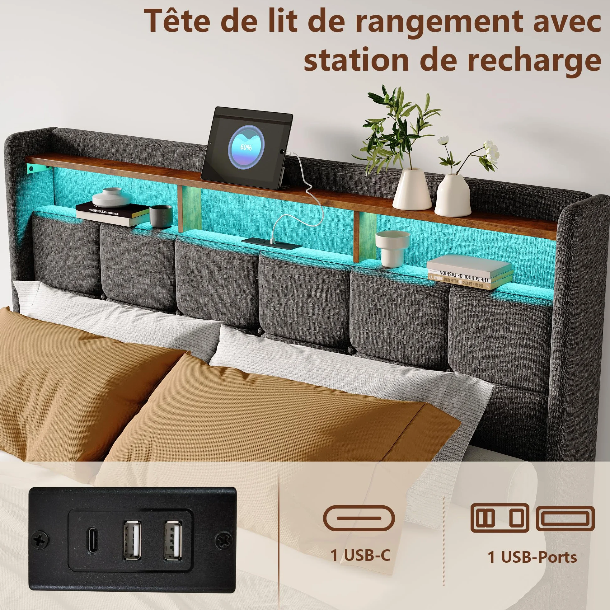 Łóżko Podwójne Pikowane 160 x 200 cm z Szufladą, Oświetleniem LED i Ładowaniem USB - Szare