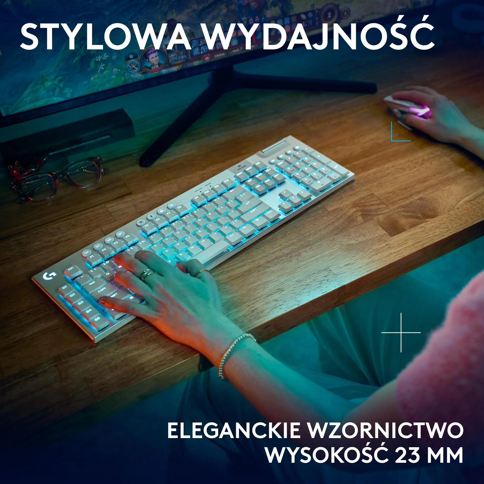 Logitech G G915 X Przeznaczona do gier bezprzewodowa klawiatura o płaskim profilu z technologią LIGHTSPEED, brązowe przełączniki sprężynujące GL Brown — PC/Mac, QWERTY układ US international - Biały