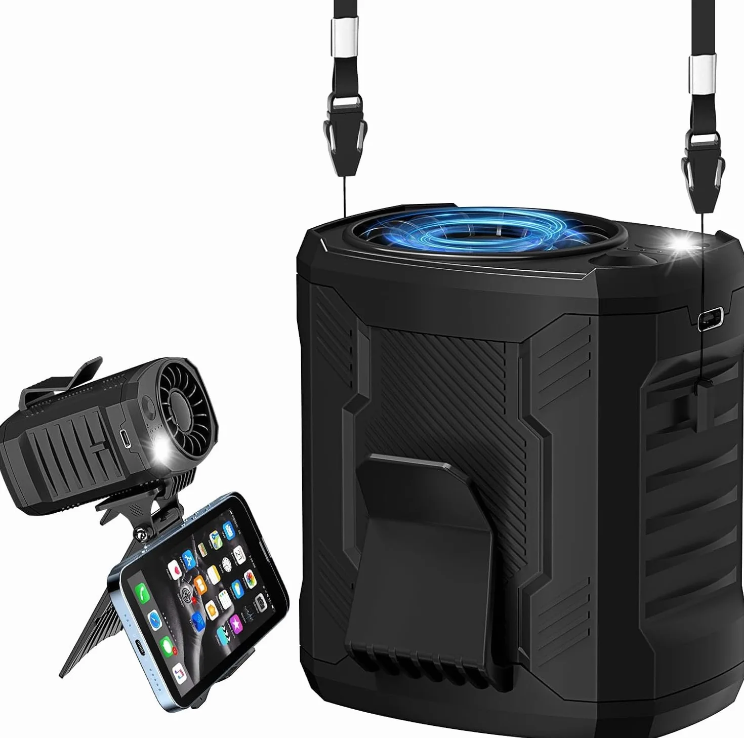 COTOP Przenośny wentylator z klipsem w talii, 4 prędkości, mini wentylator 6000 mAh, akumulator z uchwytem na telefon komórkowy i paskiem do zawieszenia, na kemping, wędrówki