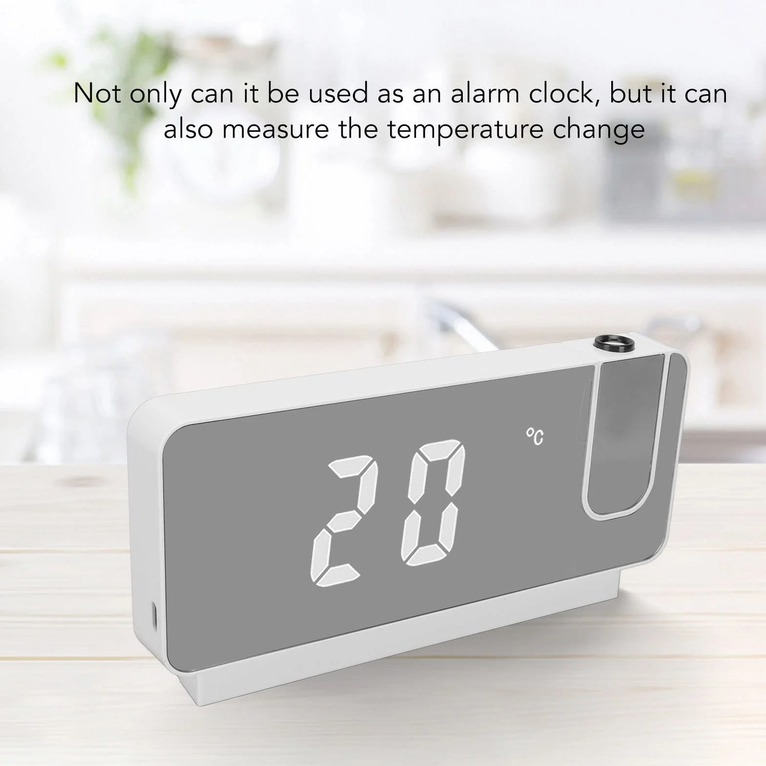 Budzik z projekcją LED do Sypialni, Cyfrowy Zegar z Obracanym o 180° Projektorem, Wyświetlanie Czasu, Daty, Temperatury, Projekcja na ścianie Sufitowej, Port ładowarki USB (Biały)