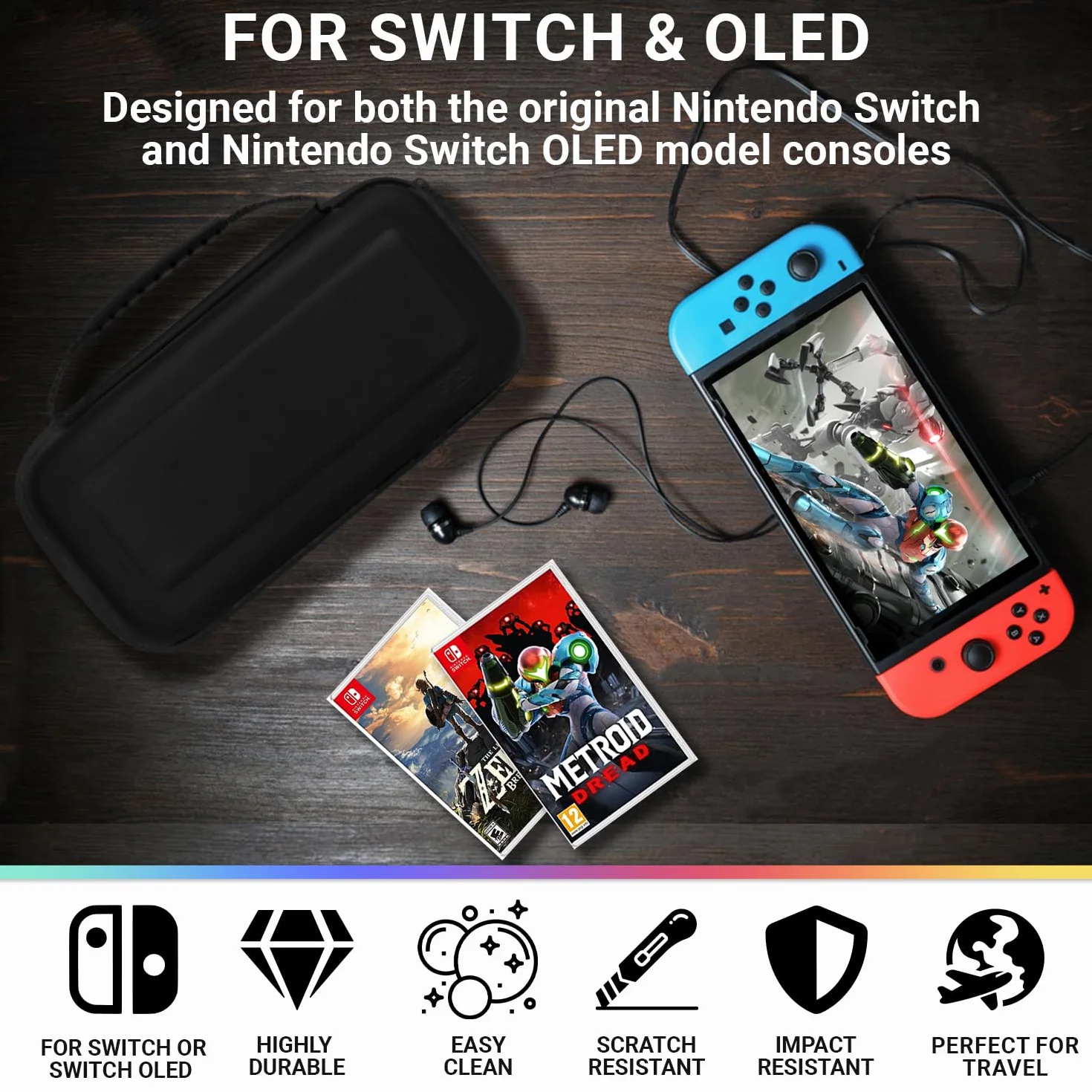 Futerał Orzly kompatybilny z Nintendo Switch i nową konsolą Switch OLED - twardy ochronny przenośny futerał podróżny z kieszeniami na akcesoria i gry