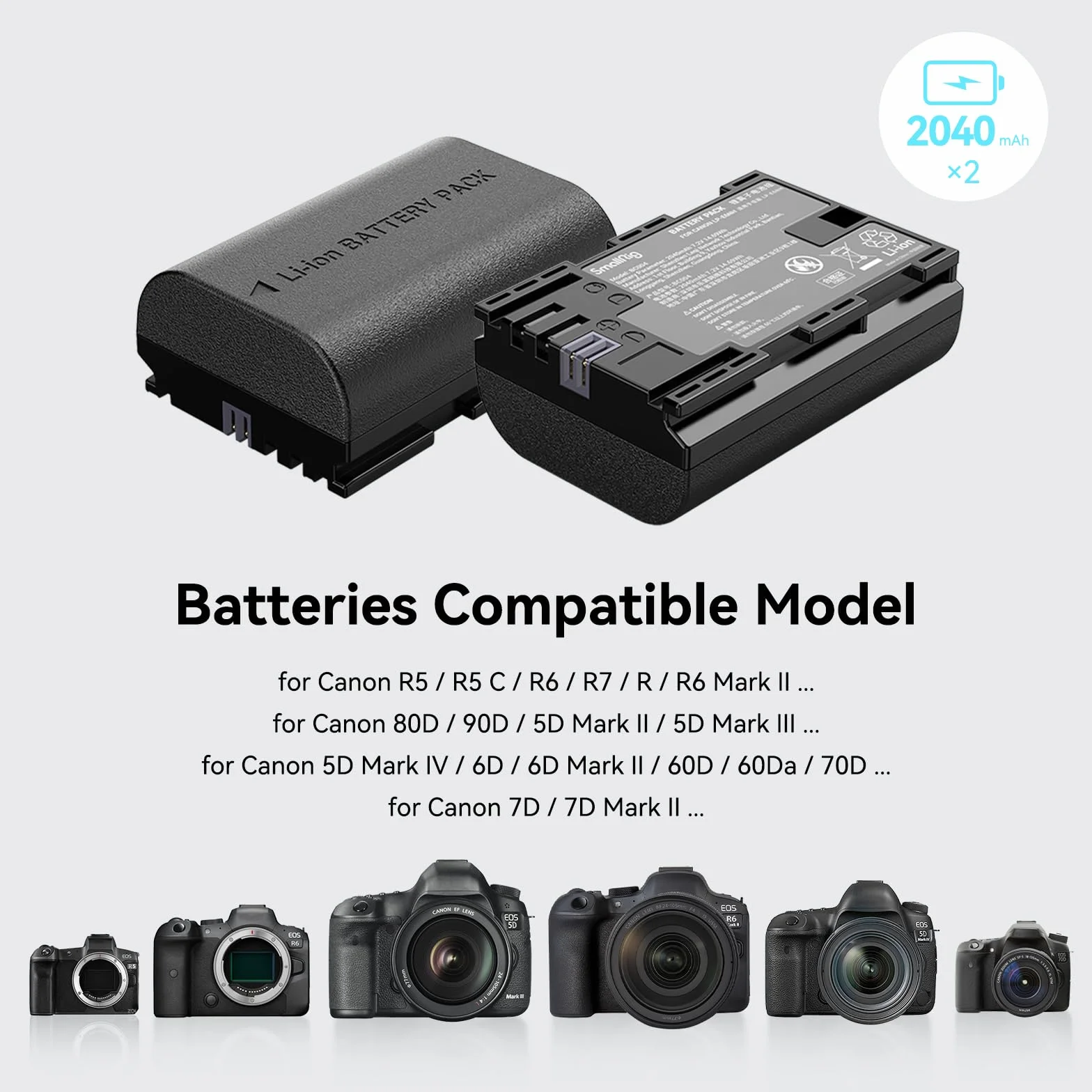 SMALLRIG Wymienne Baterie do Aparatu LP-E6NH (2 sztuki) i Zestaw ładowarek do Wyświetlacza LCD, Akumulator dla Canon R5, R6, R, R7, 5DII/III/IV, 6D, 6D II, 7D, 7D II, 60D, 70D, 80D, 90D - 3821