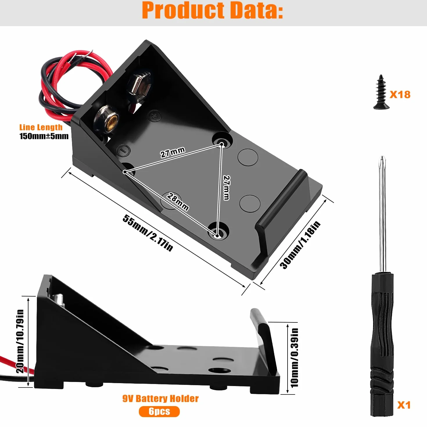 6 Sztuk 9V Battery Holder, KUOQIY Plastikowy Pojemnik na Baterie 9V z Przewodem, Pojemnik na Baterie 9V do CCTV, Silnika, Solenoidu, Taśmy LED, ze Śrubą i Śrubokrętem
