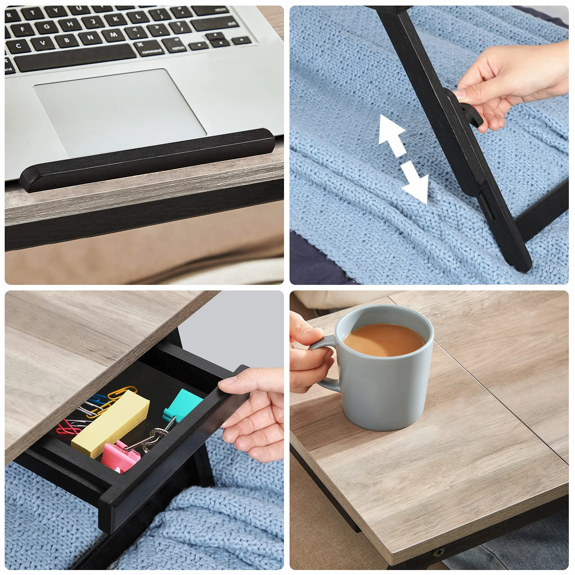 SONGMICS LLD105W01 Stolik/stojak pod laptopa, taca śniadaniowa, składane nogi, na łóżko i sofę, z regulacją wysokości, do laptopów o przekątnej ekranu do 15,6“, 55 x 35 x 23 cm, odcień greige