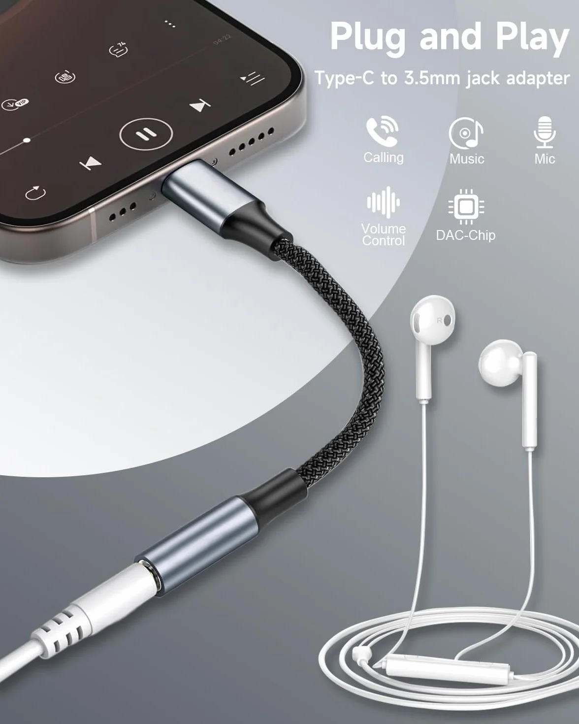 Adapterów Audio USB C do Gniazda 3,5 mm, Adapter Typu C do Gniazda Słuchawkowego Nylonowy Adapter Typu C do Aux USB C dla iPhone'a 17 16 15 Samsung Galaxy Pixel, HUAWEI, Xiaom, iPad