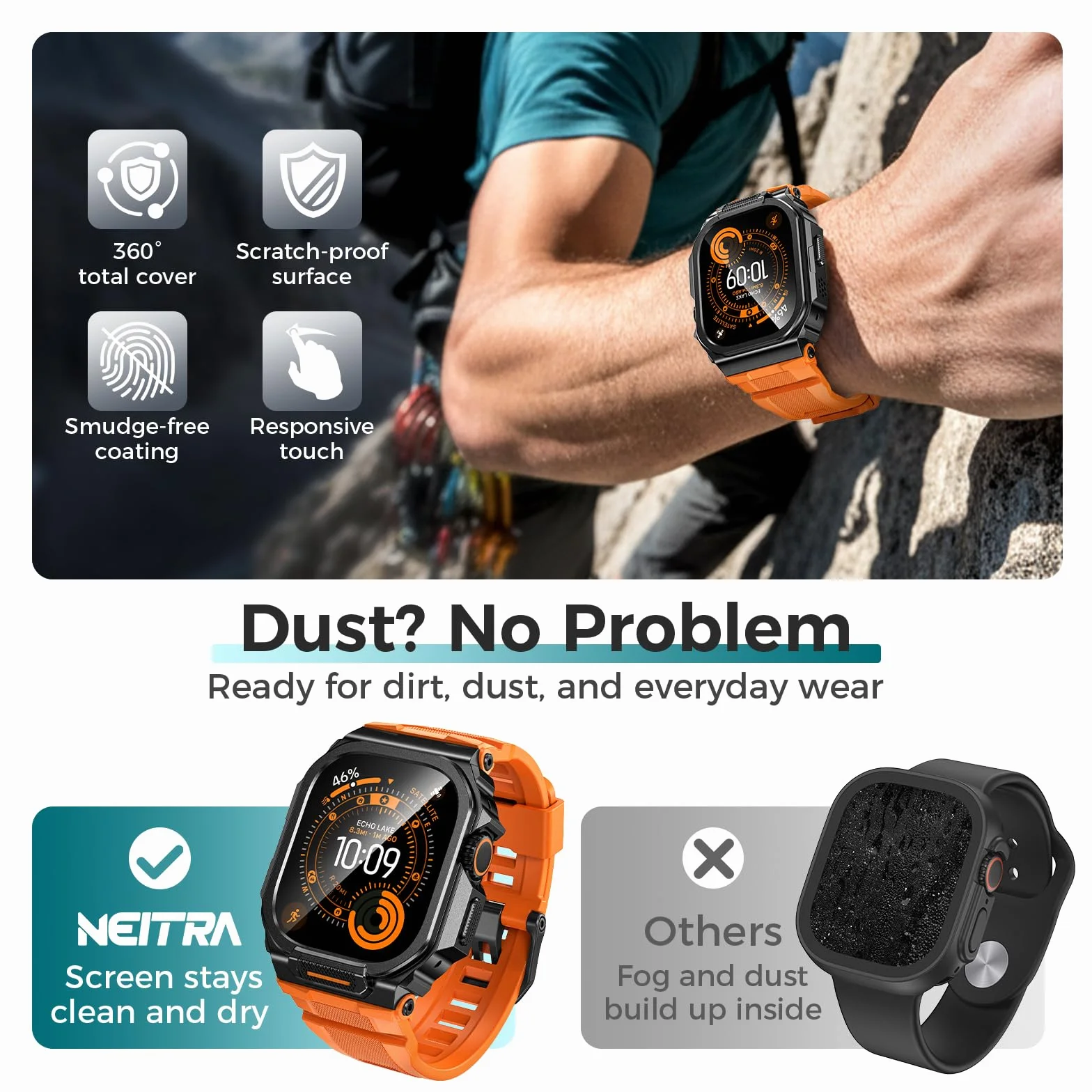 Neitra Metalowe etui z paskiem do Apple Watch Ultra 3/2/1 49 mm z osłoną ekranu, jednoczęściowa osłona 360°, ochrona przed upadkiem i kurzem, dostęp do korony EKG, odzież sportowa i codzienna do