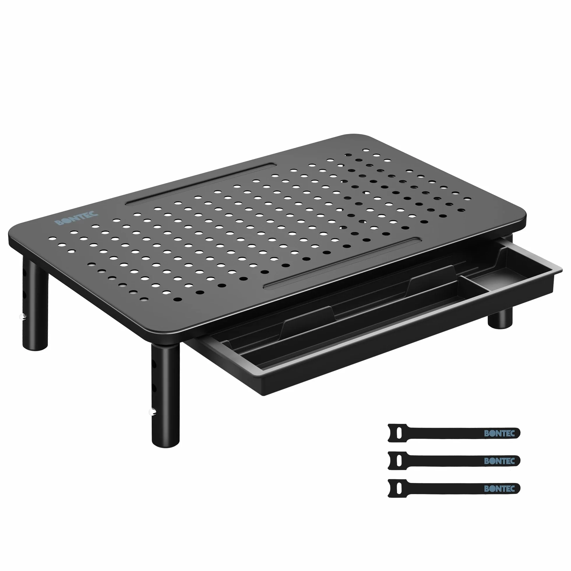 BONTEC Stojak na monitor z szufladą, 3 regulowane na wysokość, do monitora, laptopa, komputera, iMac, drukarki do 20 kg, w zestawie opaski kablowe