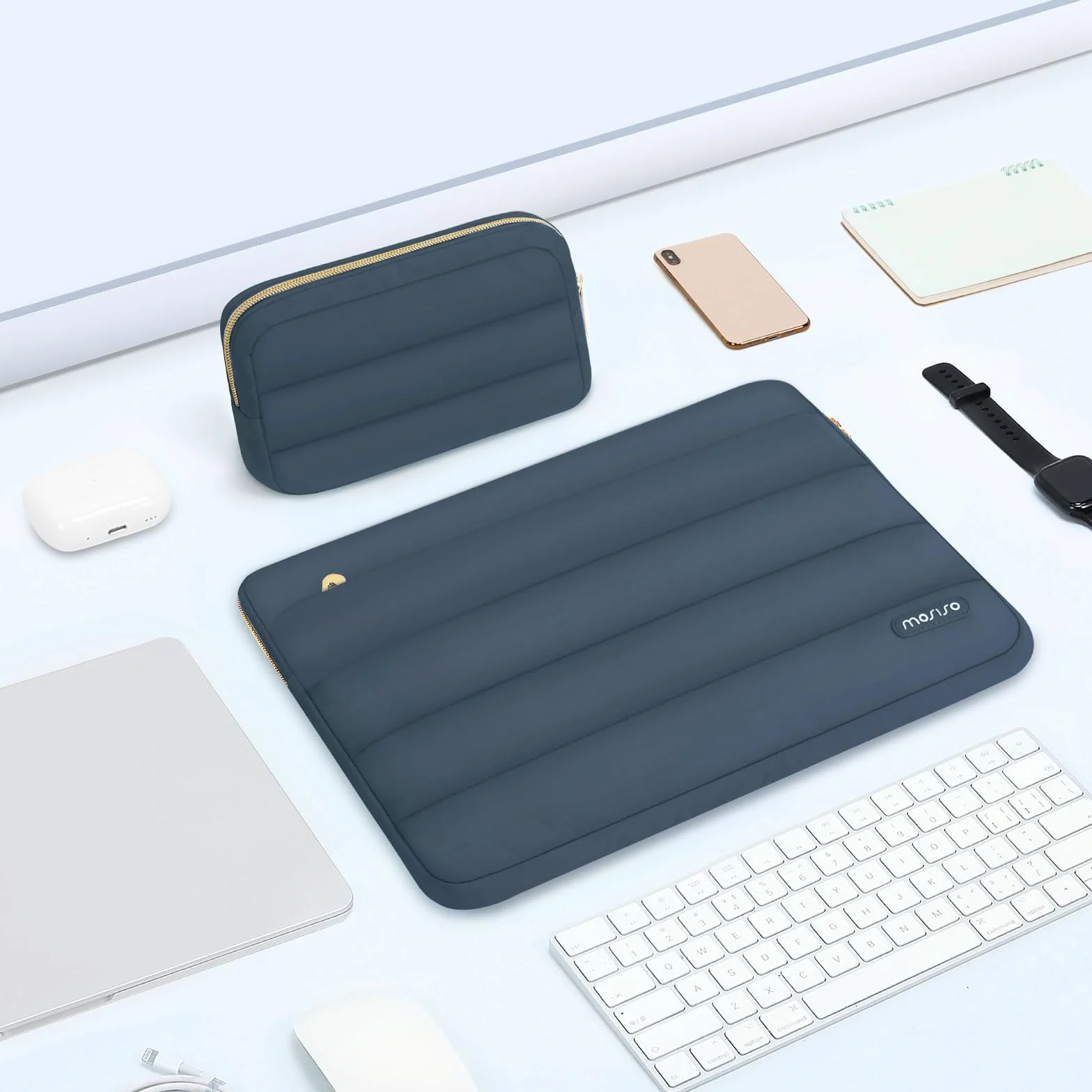 MOSISO pokrowiec na laptopa 13,3", pokrowiec na laptopa 13-13,3" z puchem, kompatybilny z MacBook Air 13 13,6 M4 M3 M2 M1/Pro 13/Pro 14, HP Dell ASUS Lenovo, torba pozioma z małym etui, niebieski