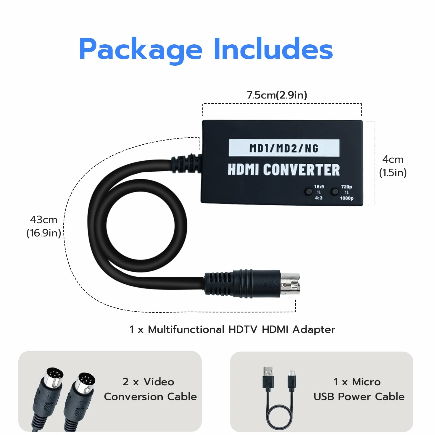 Mcbazel Seamless Mega Drive/NEOGEO HDMI Adapter for HDTV, Multifunction Video Converter 4:3/16:9, 720P/1080P for Mega Drive 1/Mega Drive 2/NEOGEO