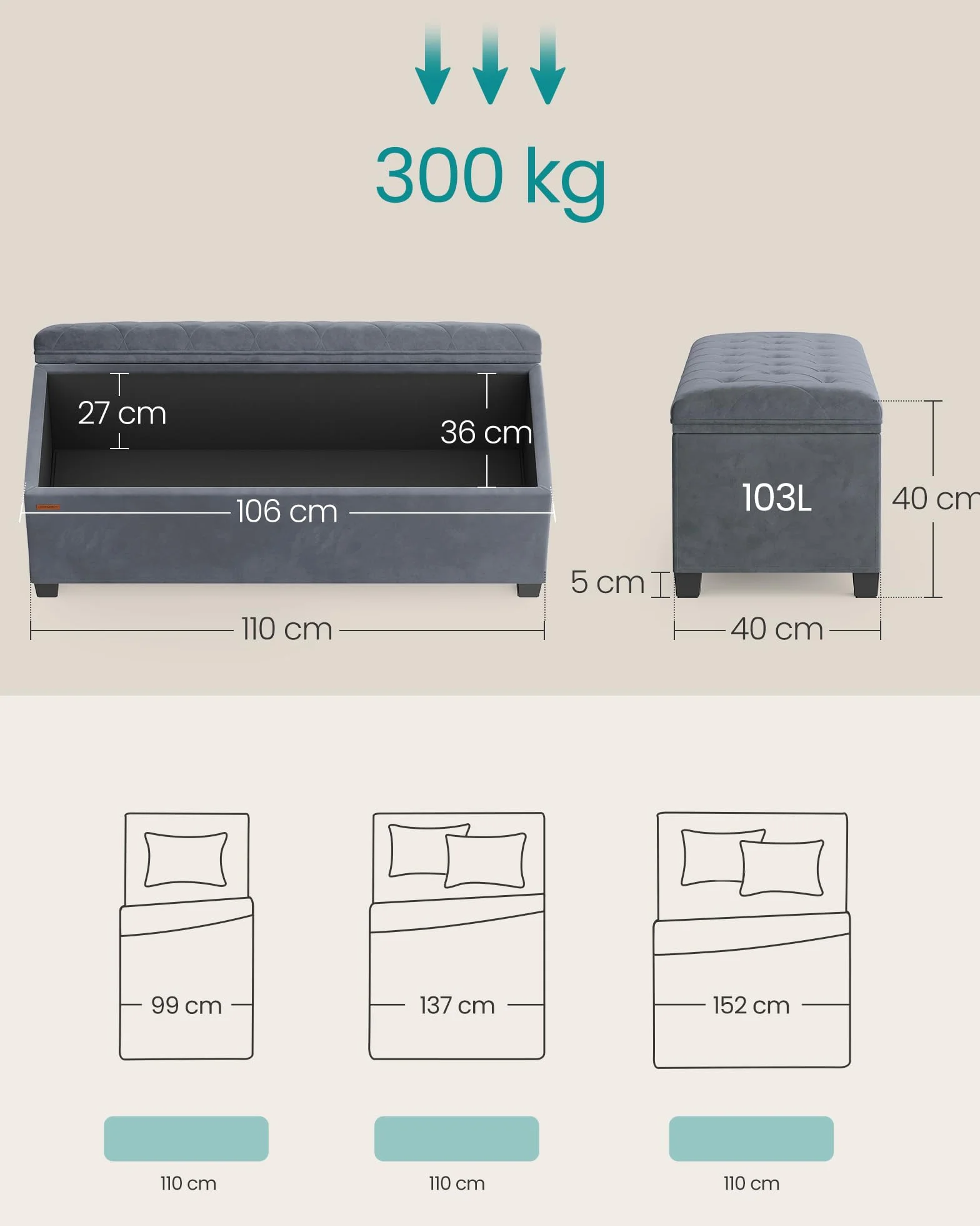 SONGMICS Taboret do przechowywania 40 x 110 x 40 cm obciążenie 300 kg