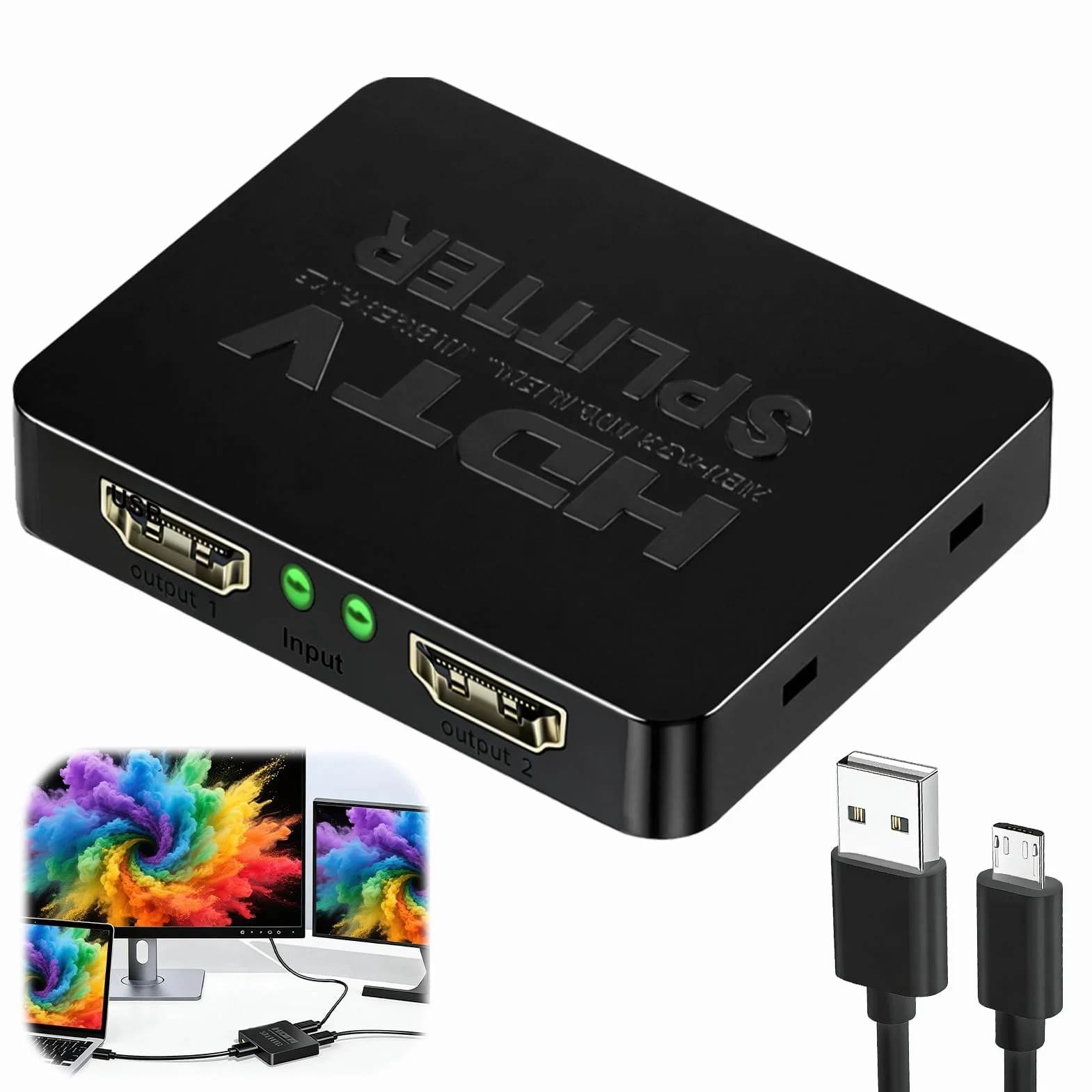 Rozdzielacz HDMI 1 Wejście 2 Wyjścia 4K 3D 1080p Splitter HDMI 2 wyjścia z kablem zasilającym micro USB, 1 w 2 powielacz HDMI dla PS3 4 Xbox DVD Projektor HDTV