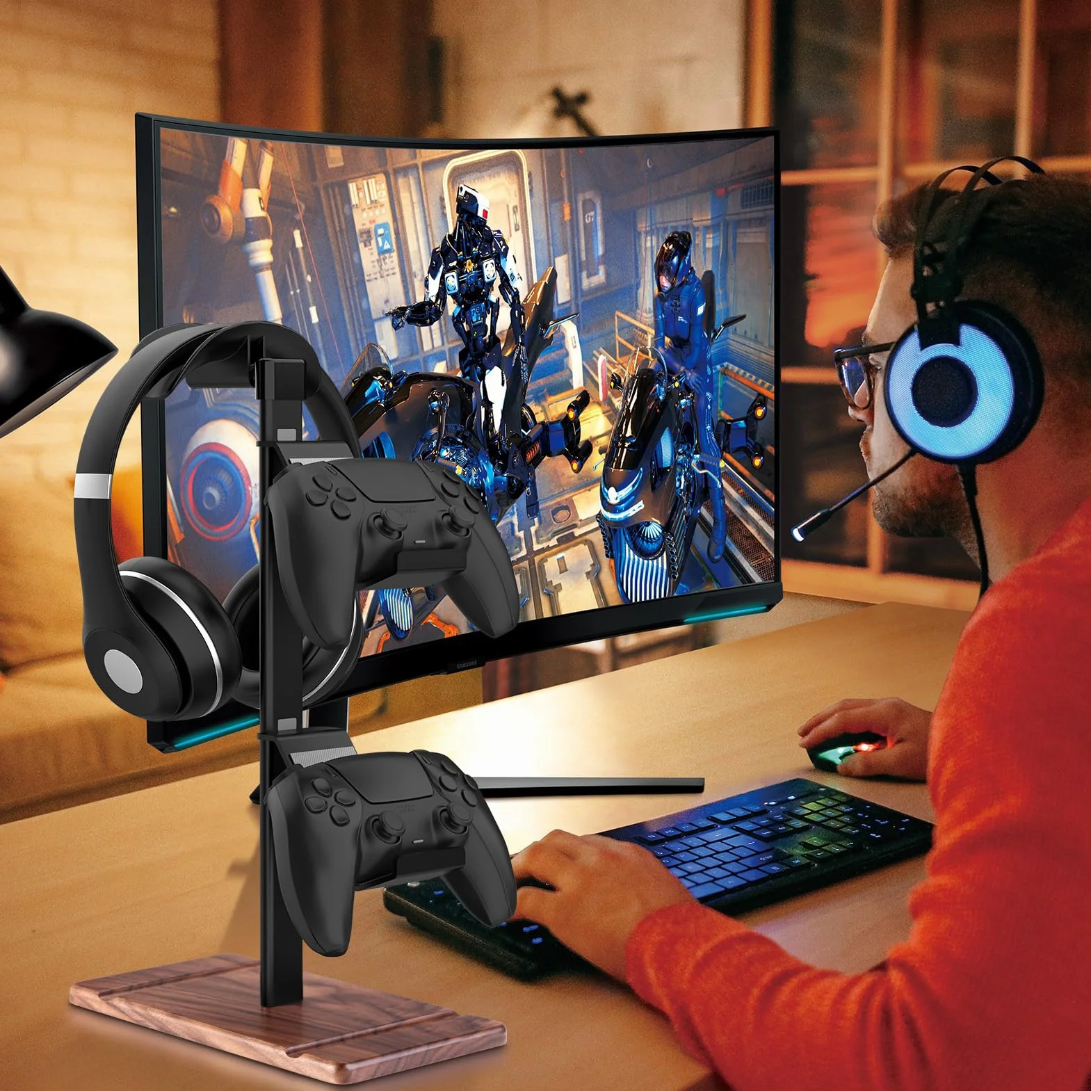 Uchwyt na kontroler i słuchawki z drewna orzechowego stojak do Xbox PS5 PS4 akcesoria do gier