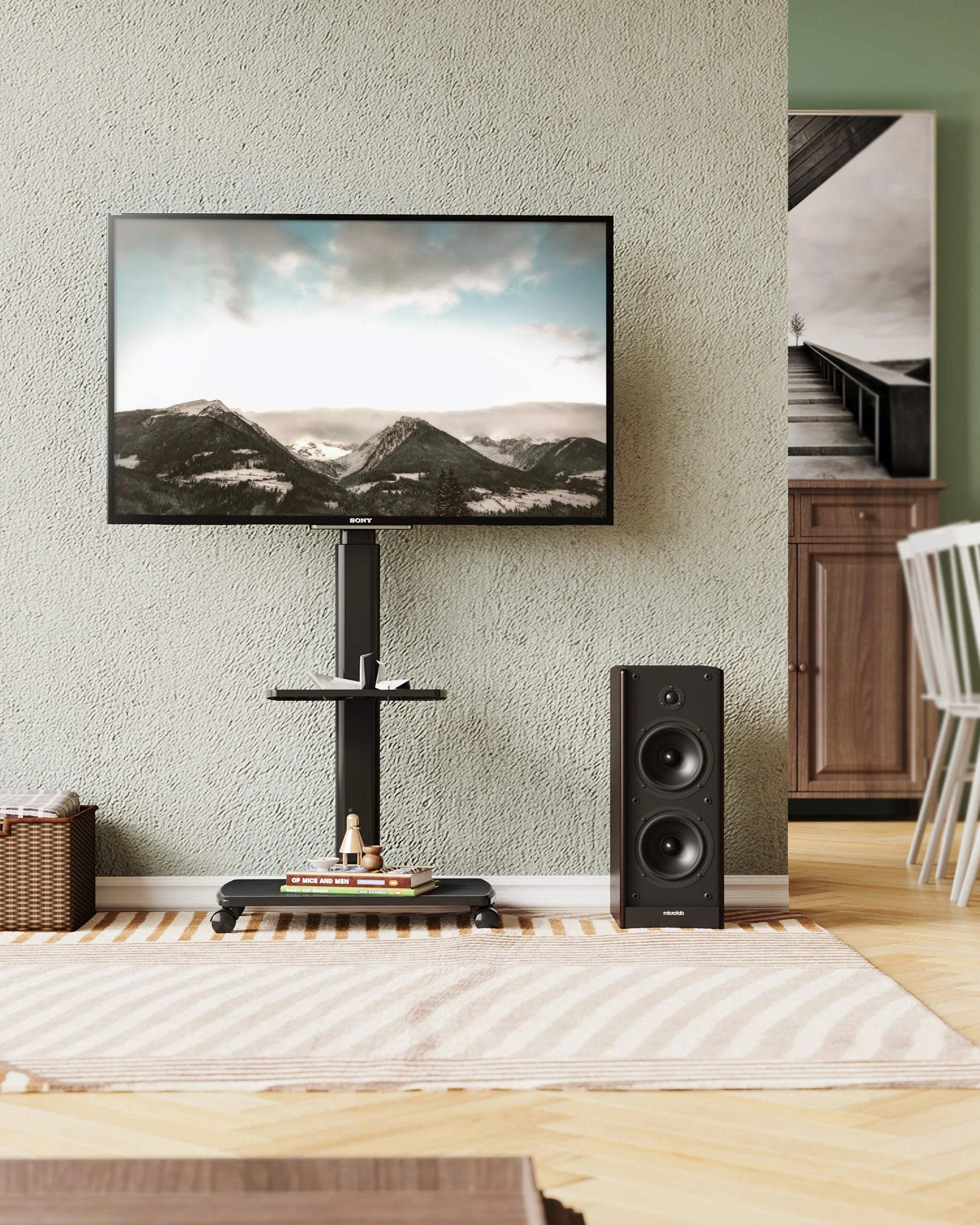 FITUEYES Mobilny stojak na telewizor na kółkach z drewnianą podstawą, do telewizora 32–70 cali, obrót o 60° i 6 wysokości, wysoki stojak na telewizor z półką, maks. VESA 600 x 400 mm, nośność 40 kg