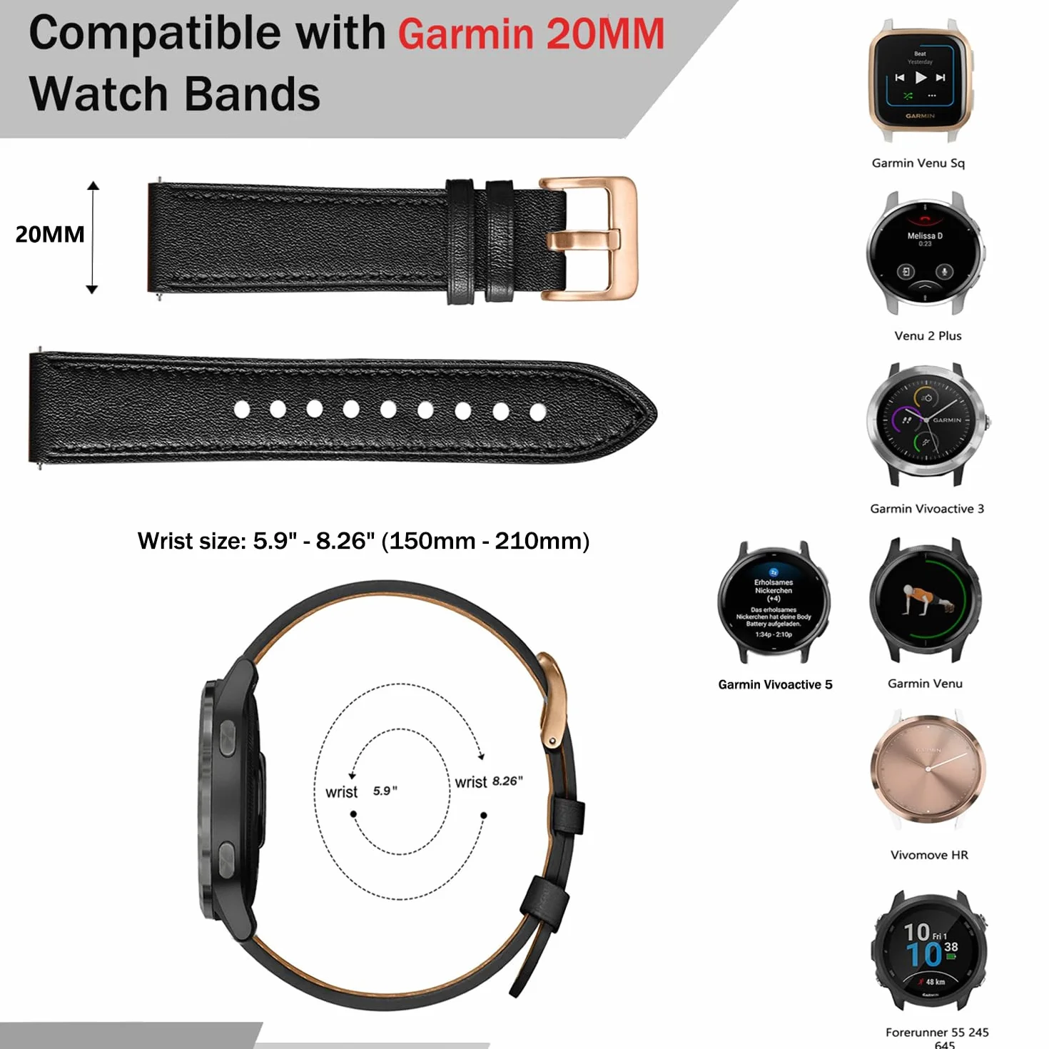 Pasek skóry naturalnej kompatybilny Garmin Venu 2 Plus, pasek 20 mm do Garmin Vivoactive 5/Garmin Venu Sq/Sq Music/Venu Sq 2/Vivoactive 3/Garmin Venu/Vivomove HR/Forerunner 55 245 645