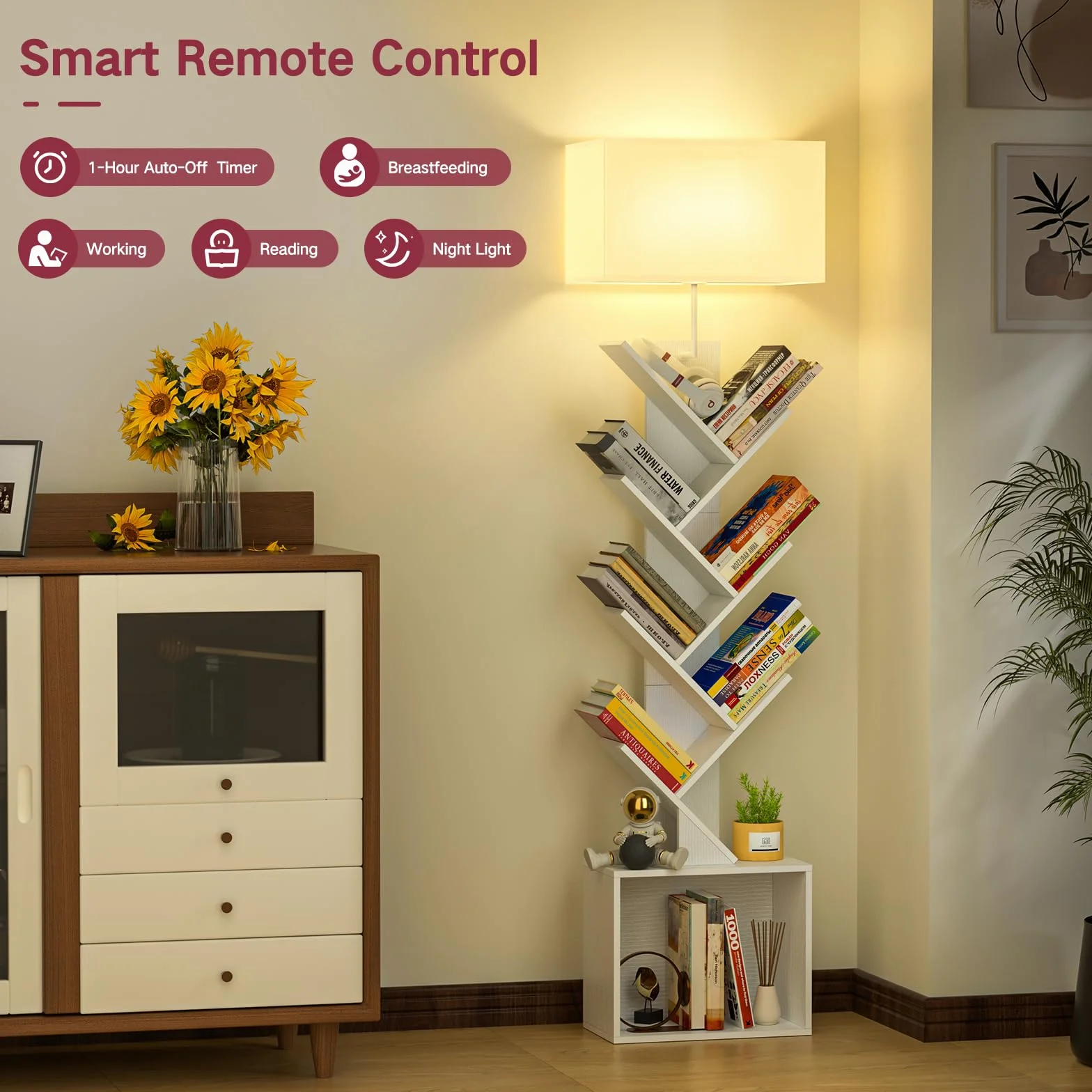 Regał w kształcie drzewa z oświetleniem, 9-poziomowy narożny stojak z pilotem i szafką – kompaktowy regał na książki, CD i DVD do salonu, sypialni i pokoju dziecięcego(Biały)
