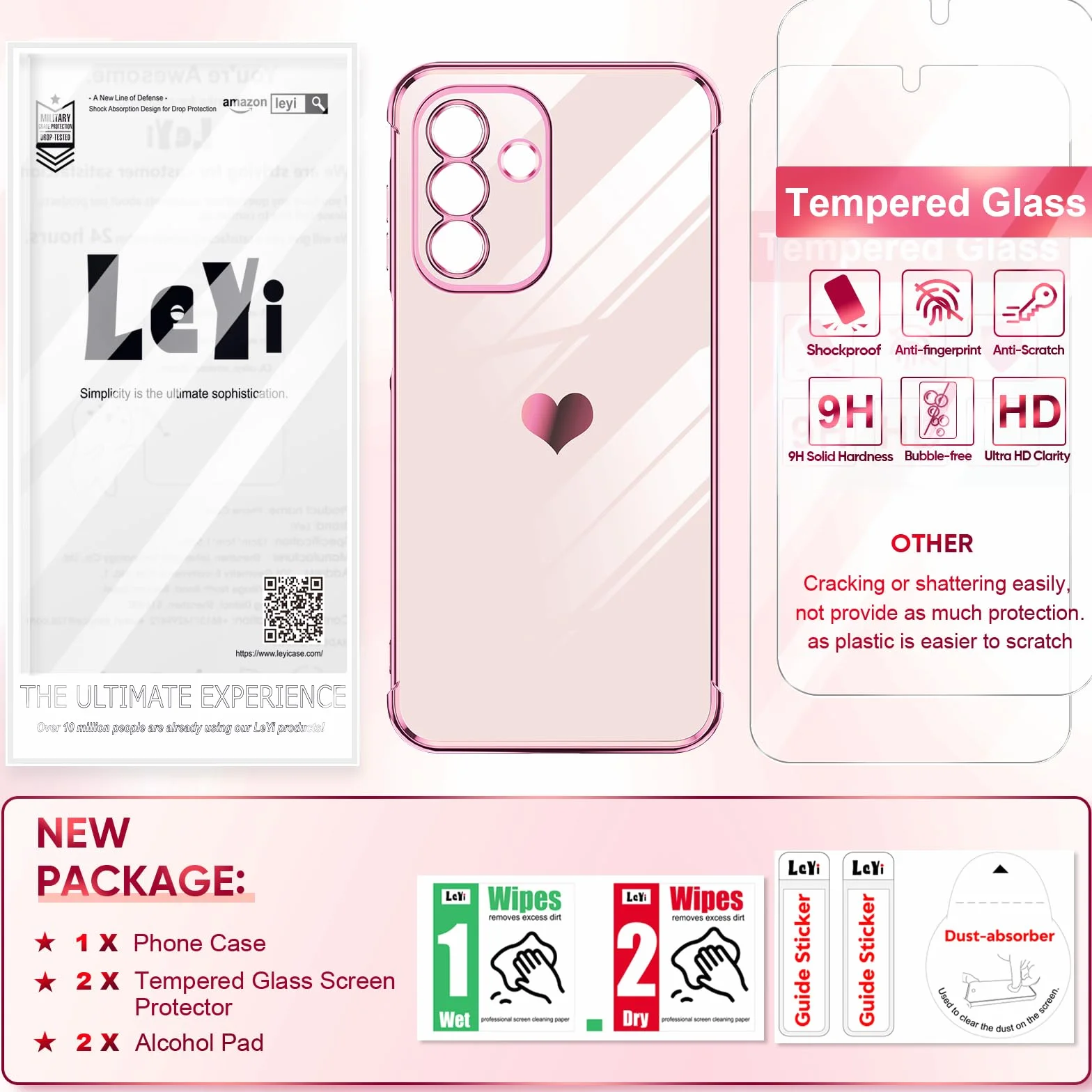 LeYi Etui do Samsung Galaxy A26 5G etui z folii ze szkła hartowanego [2 opakowanie], miłość serce zderzak miękki silikon TPU cienki futerał ochronny na aparat do Samsung A26 kobiet, różowy