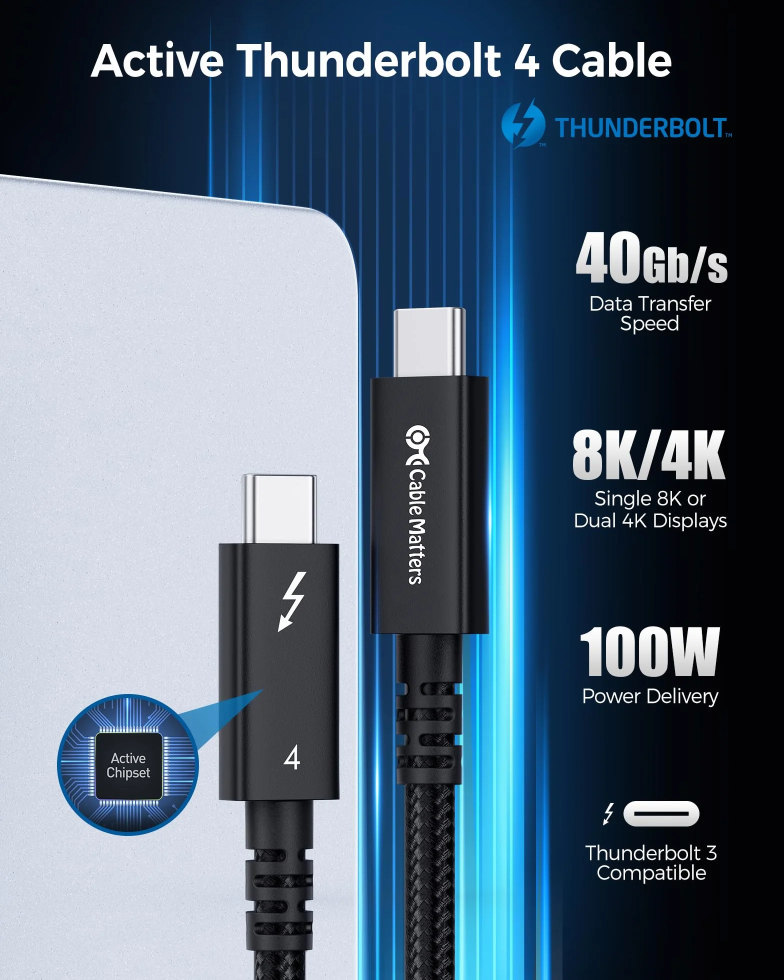 Cable Matters Pleciony kabel USB-C Thunderbolt 4 (40 Gb/s) z ładowaniem 100 W - 2 m