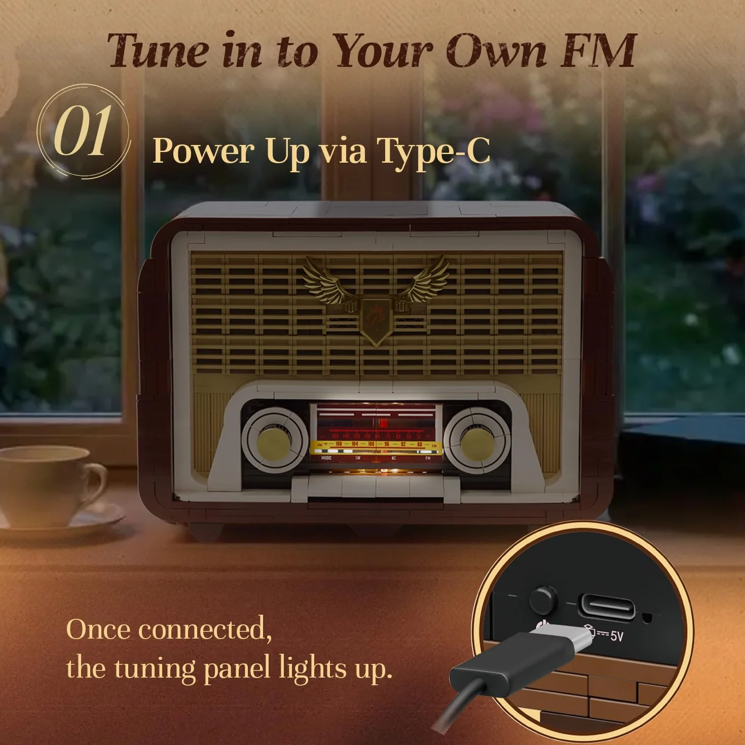 PANTASY Zestaw Klocków Retro Radio dla Dorosłych, Model Radia Vintage z Modułem Świetlnym i Ruchomym Pokrętłem Strojenia, Wzmacniacz do Telefonu, Zestaw Zasilany Model Kolekcjonerski