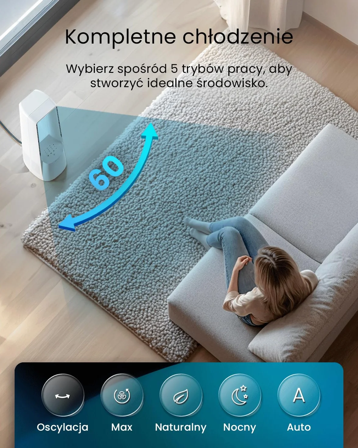 Pro Breeze OmniAir 105 cm bezłopatkowy wentylator kolumnowy z oczyszczaczem powietrza – super cichy, Wi-Fi, pilot, HEPA, LED, 10 prędkości, 5 trybów, oscylacja 60° – biały