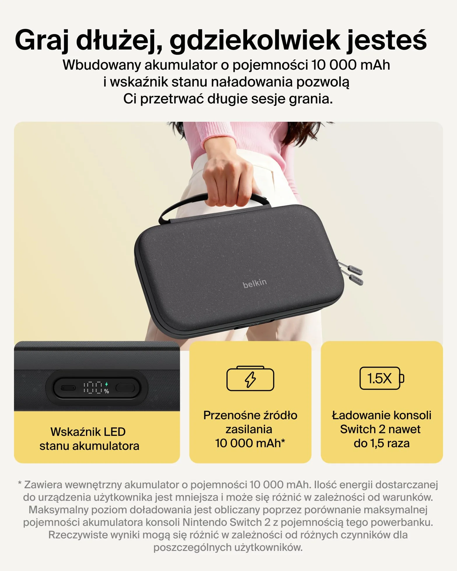 Belkin Gaming Etui Ładujące Pro do Nintendo Switch 2 z Powerbankiem 10 000 mAh, Torba Podróżna z Uchwytem na AirTag, Miejsce na 12 Kart z Grami, Ładowanie w Etui, Twarda Obudowa – Antracytowe