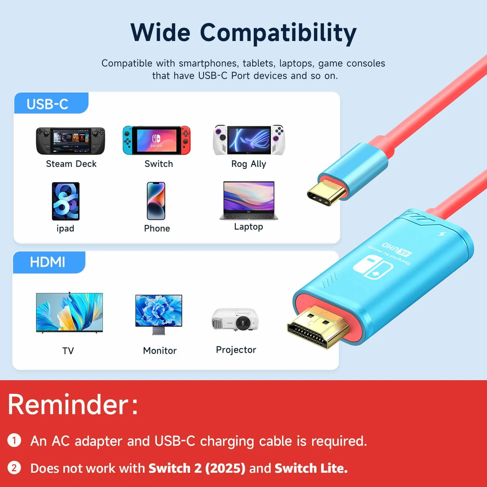 JEMDO Kabel USB C na HDMI 3 m 4K 30 Hz kompatybilny z Nintendo Switch Steam Deck laptop telefon